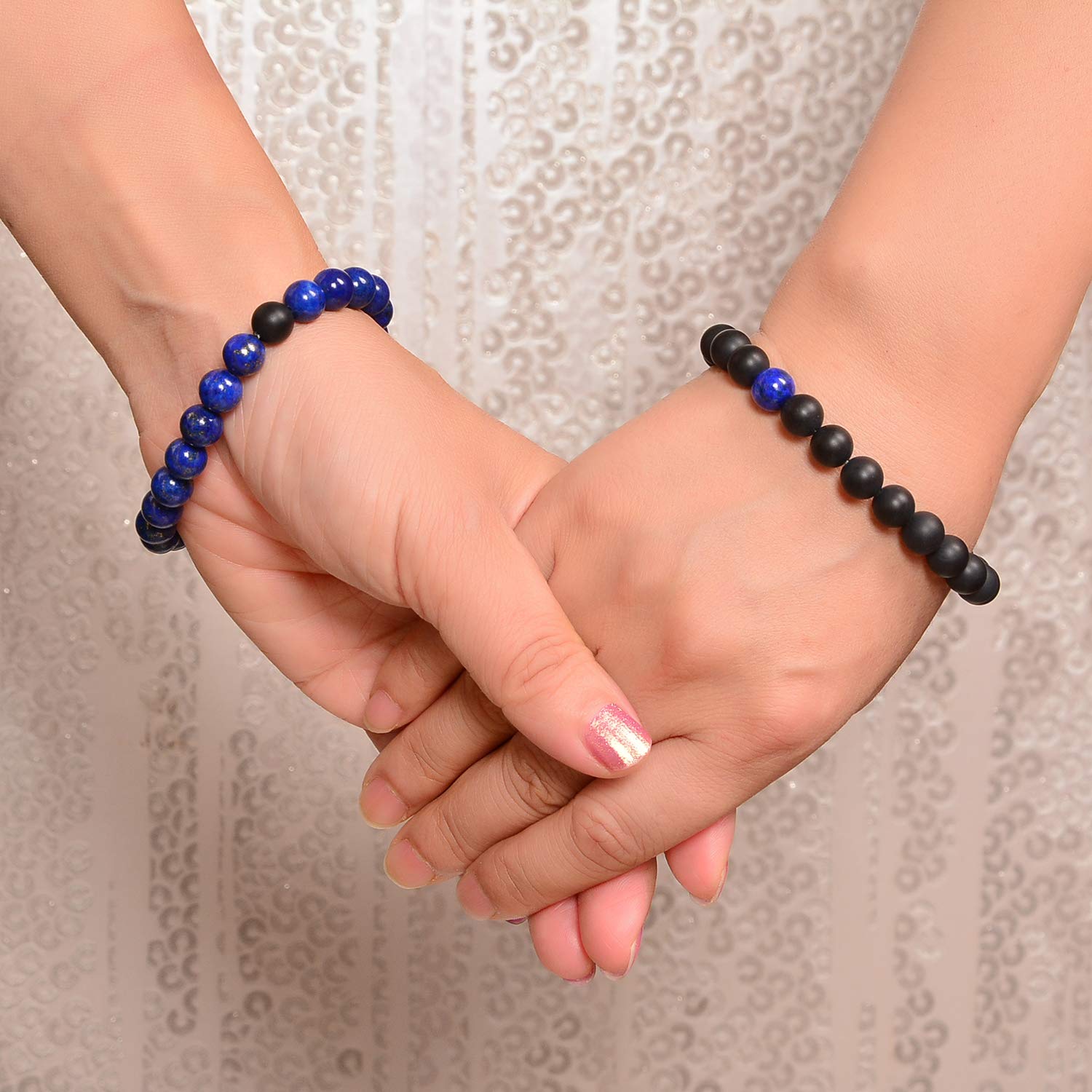 Matowy czarny agat i lapis lazuli 8 mm okrągłe gładkie koraliki długodystansowe pary miłość przyjaźń Combo zestaw bransoletek - zestaw bransoletek rozciągających się w związku dla par |
