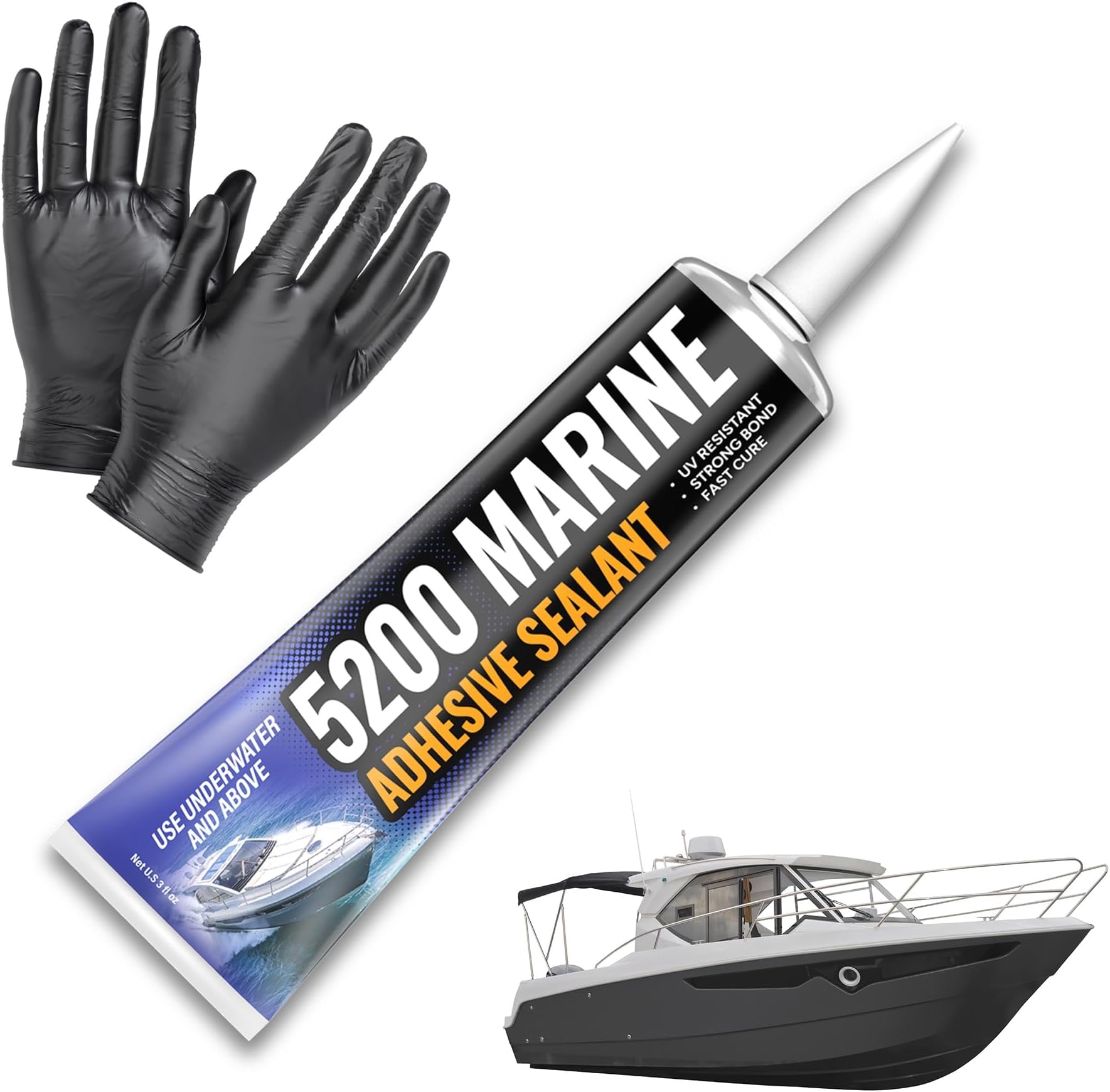 5200 Marine Sealant - Fast-Cure, High-Bond, UV-Resistant Underwater Marine Adhesive Sealant for Boats, Hulls, Decks, and RVs - with Gloves, Nozzle, White 3 oz