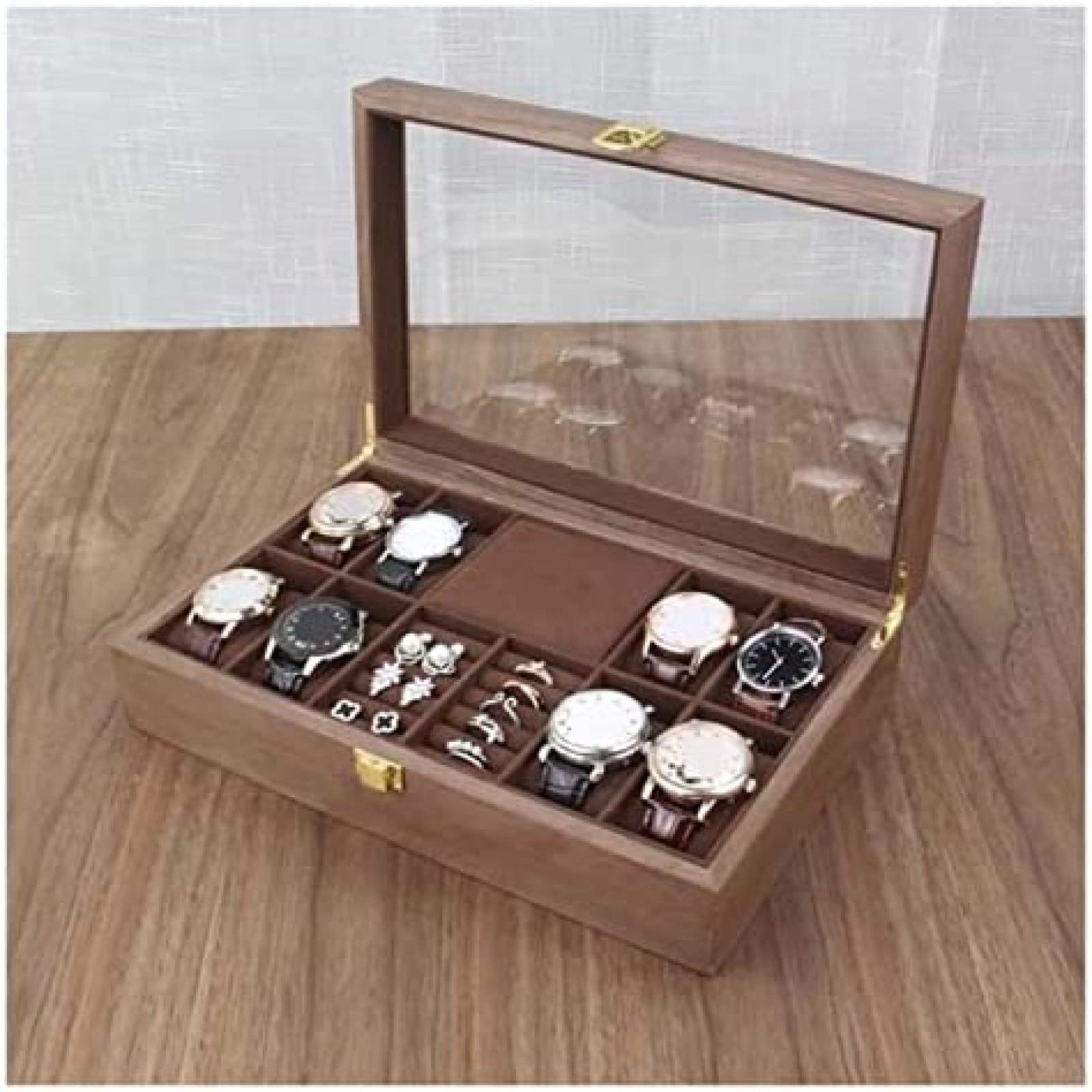 YNBSHGAA Wood Watch Jewellery Storage Box with Clear Top Lockable Ring Earrings Jewelry Display Case Organizer,Walnut,31X20X8cm,Walnut-31X20X8cm