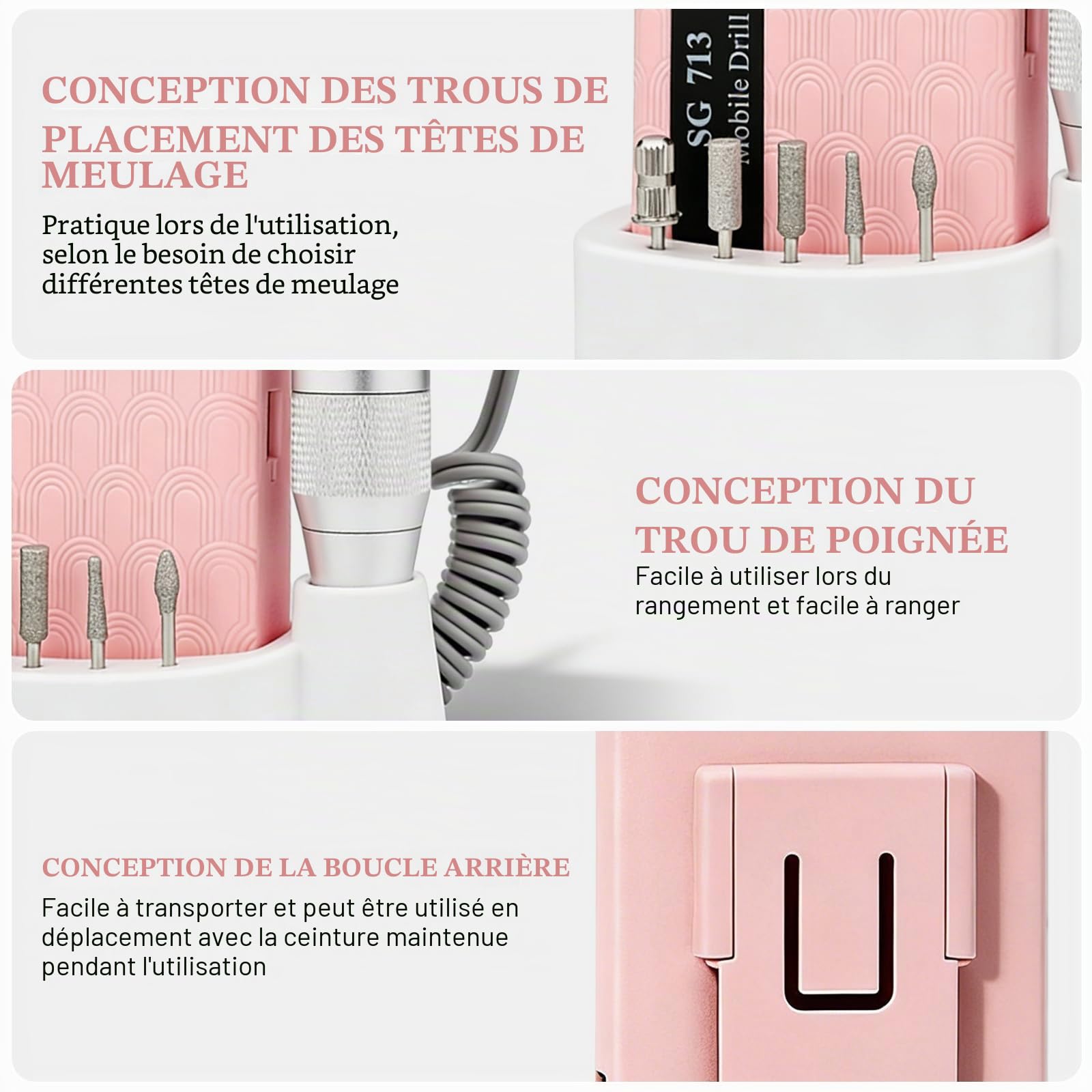 Ponceuse Pour Ongles, Professionnelle Rechargeable 45000 Tr Min, Lime a Ongle Electrique Portable Pour Gel et Acrylique, Ponceuse Ongle Sans Fil Avec Ecran Lcd, pour Salon Ou Maison, Couleur Rose