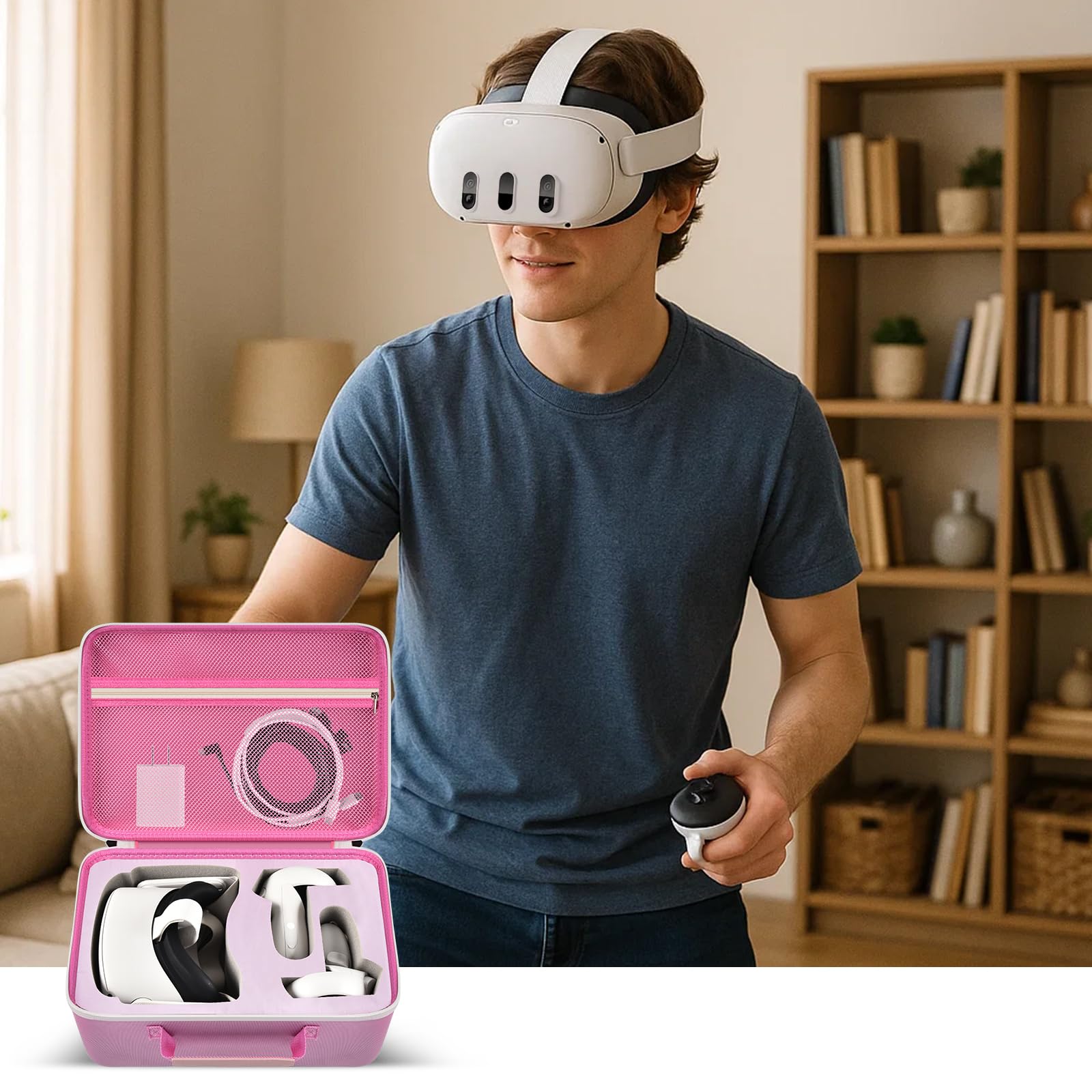 Boobowl Custodia rigida da trasporto per cuffie da gioco Meta Quest 3/Quest 3S All-in-One VR e controller touch, borsa da viaggio con copertura in silicone, protezione per lenti e accessori (rosa +