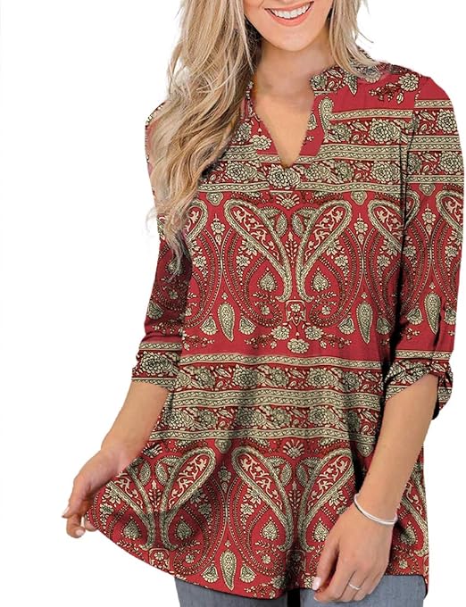 Othyroce Womens Floral Printed Tunic Tops 3/4 Roll Sleeve V Neck Blouses Long Sleeve Shirts for Women