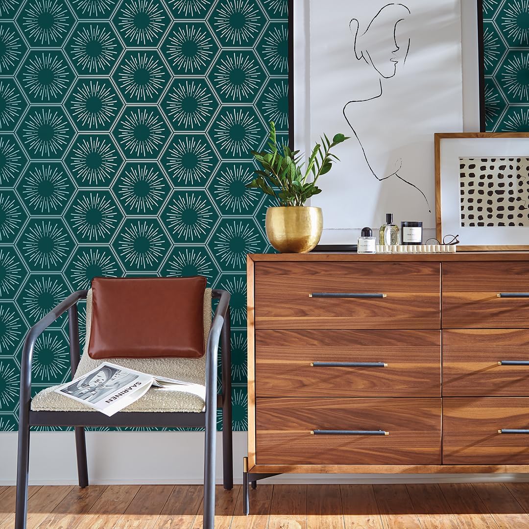 Tempaper Metallic Teal Hello Sunshine Removable Peel and Stick Wallpaper, 20.5 in X 16.5 ft, Made in The USA