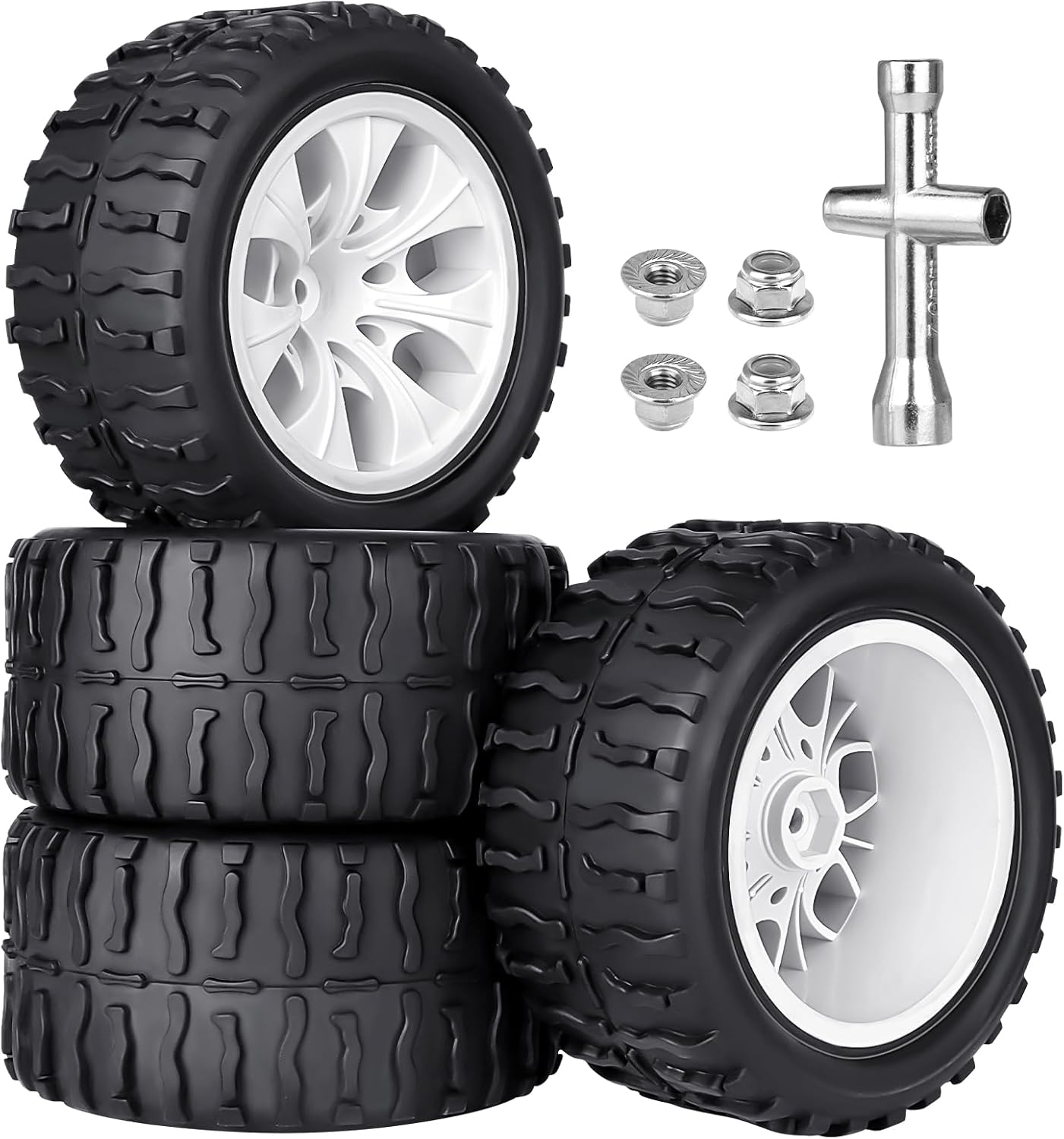 Pre-Glued GoHobby 1/10 RC Truck Tires 2.8" and 12mm Hex Wheels Fits for Traxxas Slash Rustler 4X4 Redcat Volcano EPX Pro Team Associated MT10 (Set of 4)