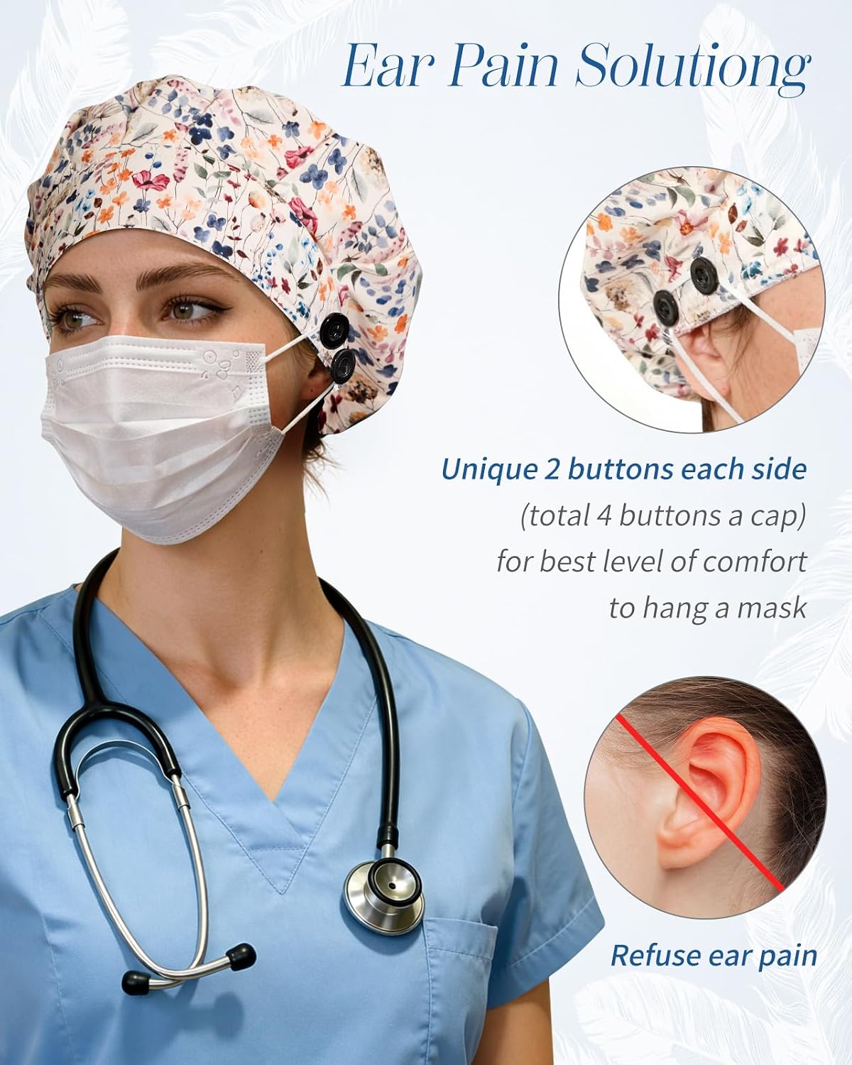 Plifal Satin Lined Bouffant Scrub Cap with Buttons-Adjustable 100% Cotton Nurse Hat with Sweatband and 2 Scrunchies