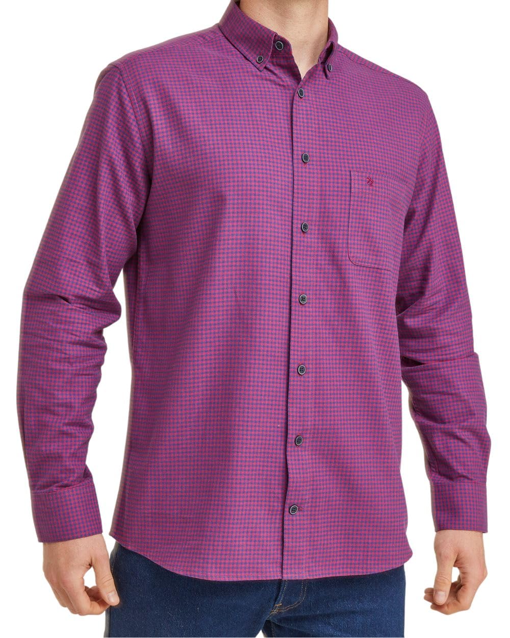 Double TWO Men's Casual Gingham Check Long Sleeve Regular Fit Wine Shirt - Button Down Collar (4XL)