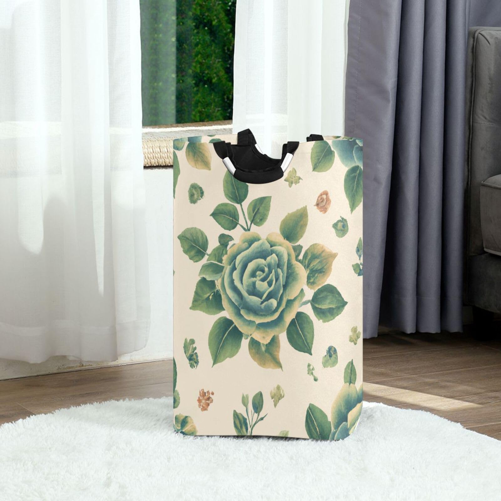 Jihqo Laundry Hamper Basket Leafy Roses Green Collapsible Nursery Storage Bin Waterproof Clothing Baskets for Home Bedroom Bathroom Washing Room