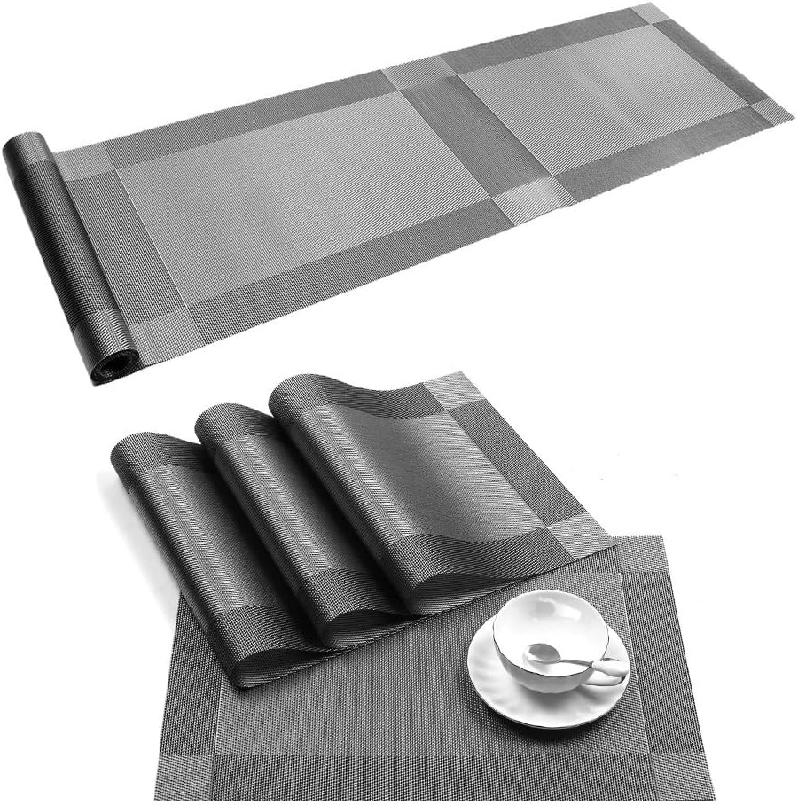 McIvan Elegant Modern Fall Table Runners with Tassels for Dining Table Tea Coffee Table (6 Place Mat+1 Table Runner, Grey)