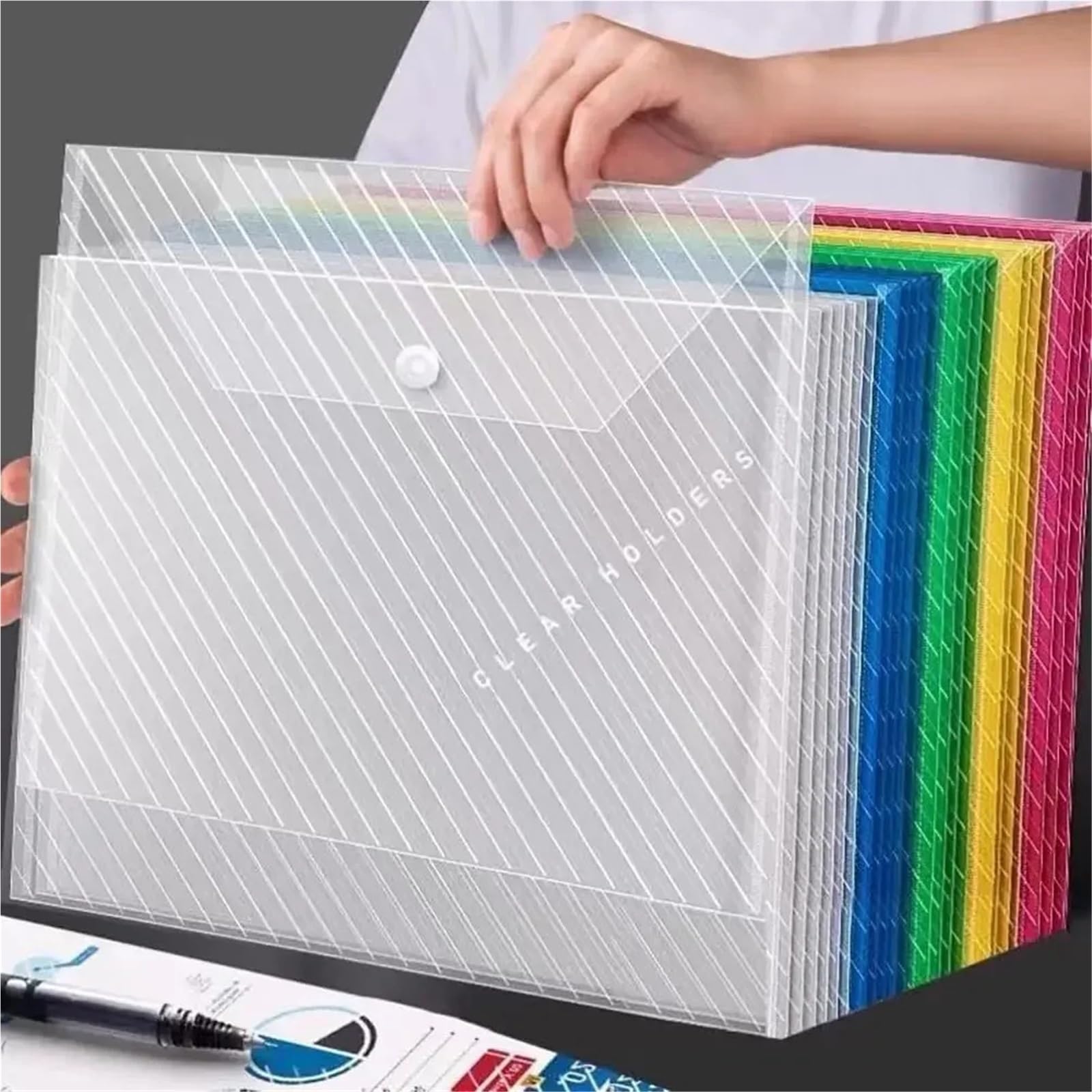 Przezroczysty folder z tworzywa sztucznego, 20 sztuk wielokolorowych plastikowych teczek na dokumenty A4, kopert i przezroczystych zamykanych zatrzask(Mixed)