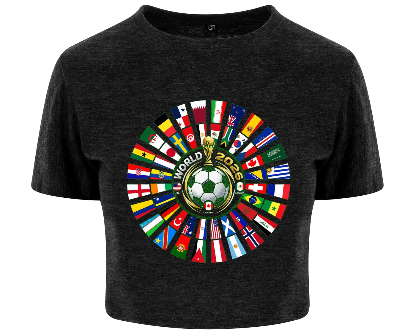 2026 World Football Crop Top - XL - 16 - International Country Flags Shirt - Global Soccer Cup Tournament Fan Tee - Sports Lover Top Heather Black