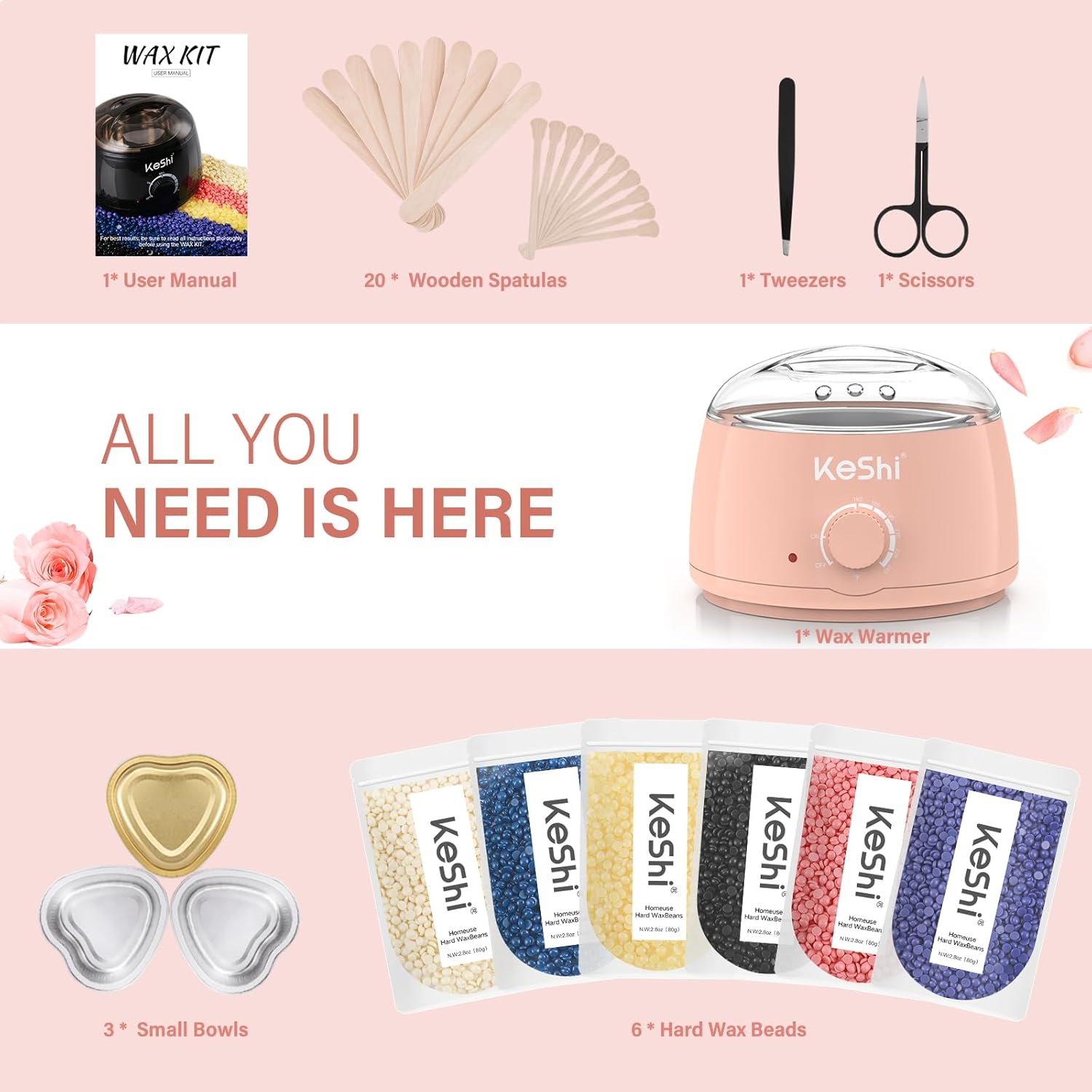KeShi Waxing Kit, Painless Hair Removal Wax Warmer with 6 Bags Hard WaxBeans for Full Body, Legs, Face, Eyebrows & Bikini— Ideal for Both Women & Men(Blush)