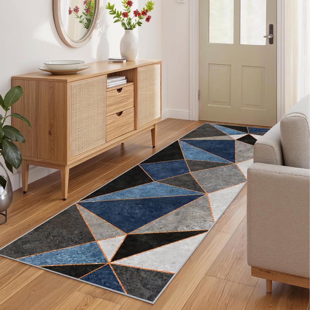 Tappeto Passatoia per Casa, Antiscivolo e Lavabile, per Cucina Corridoio Ingresso,Moderno Geometrico Blu, Nero，70 x 400 cm