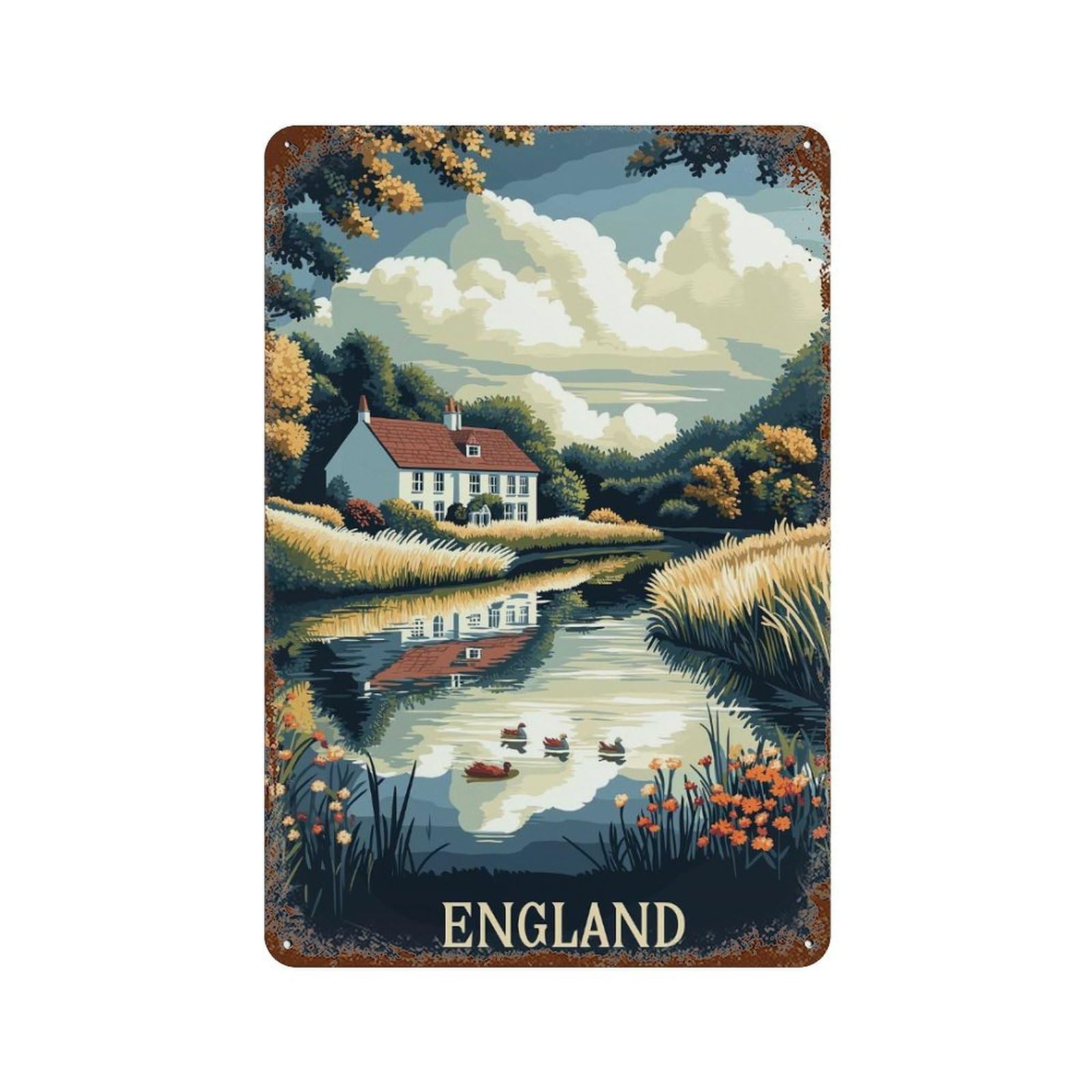 England Countryside River Scene Retro Metal Sign 11.8"x7.9", Decorative Metal Wall Art for Basement, Hobby Room And Garage Decor