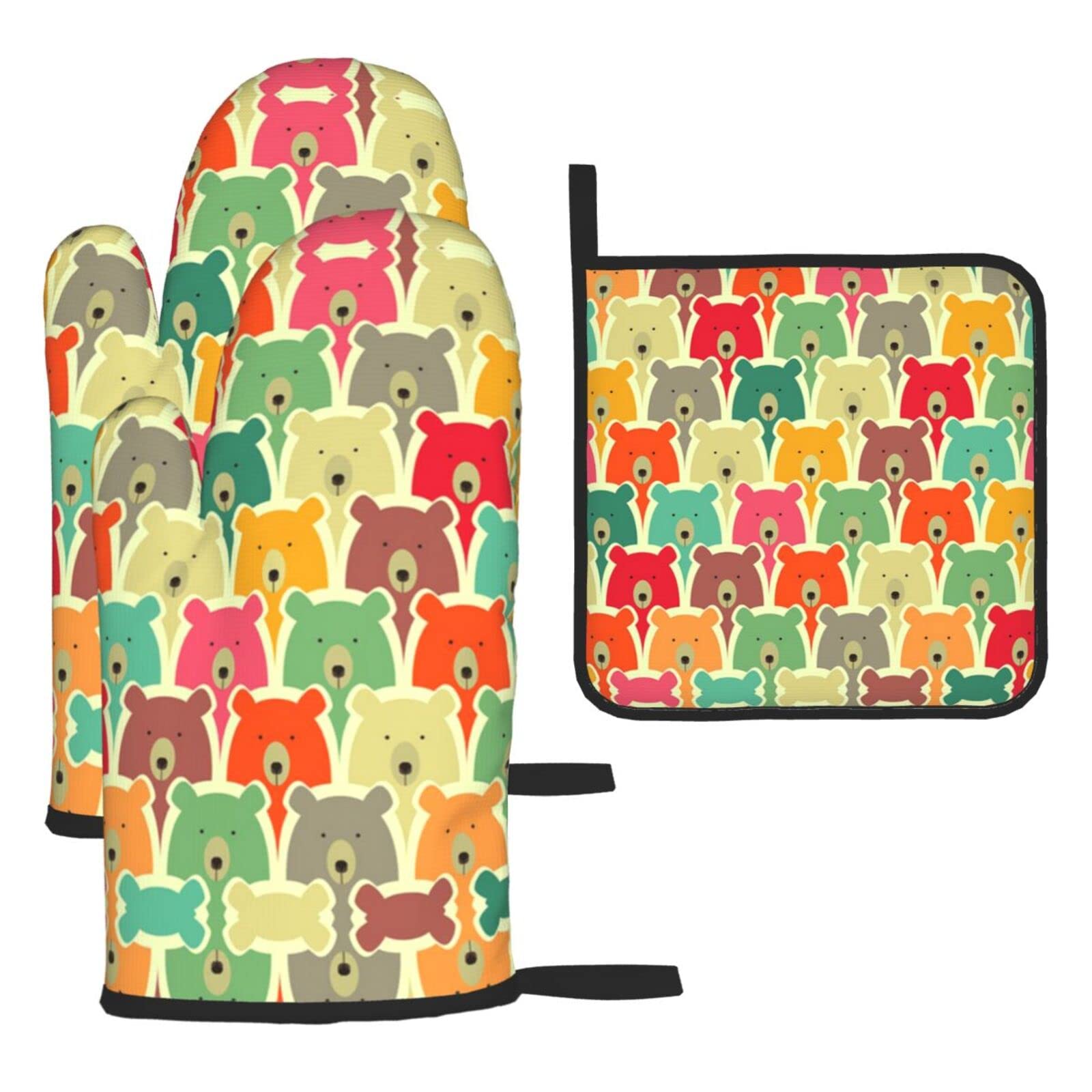 Colorful Bears Oven Mitts and Pot Holder Kitchen Set for Grilling, Cooking, Baking, Heat Resistant