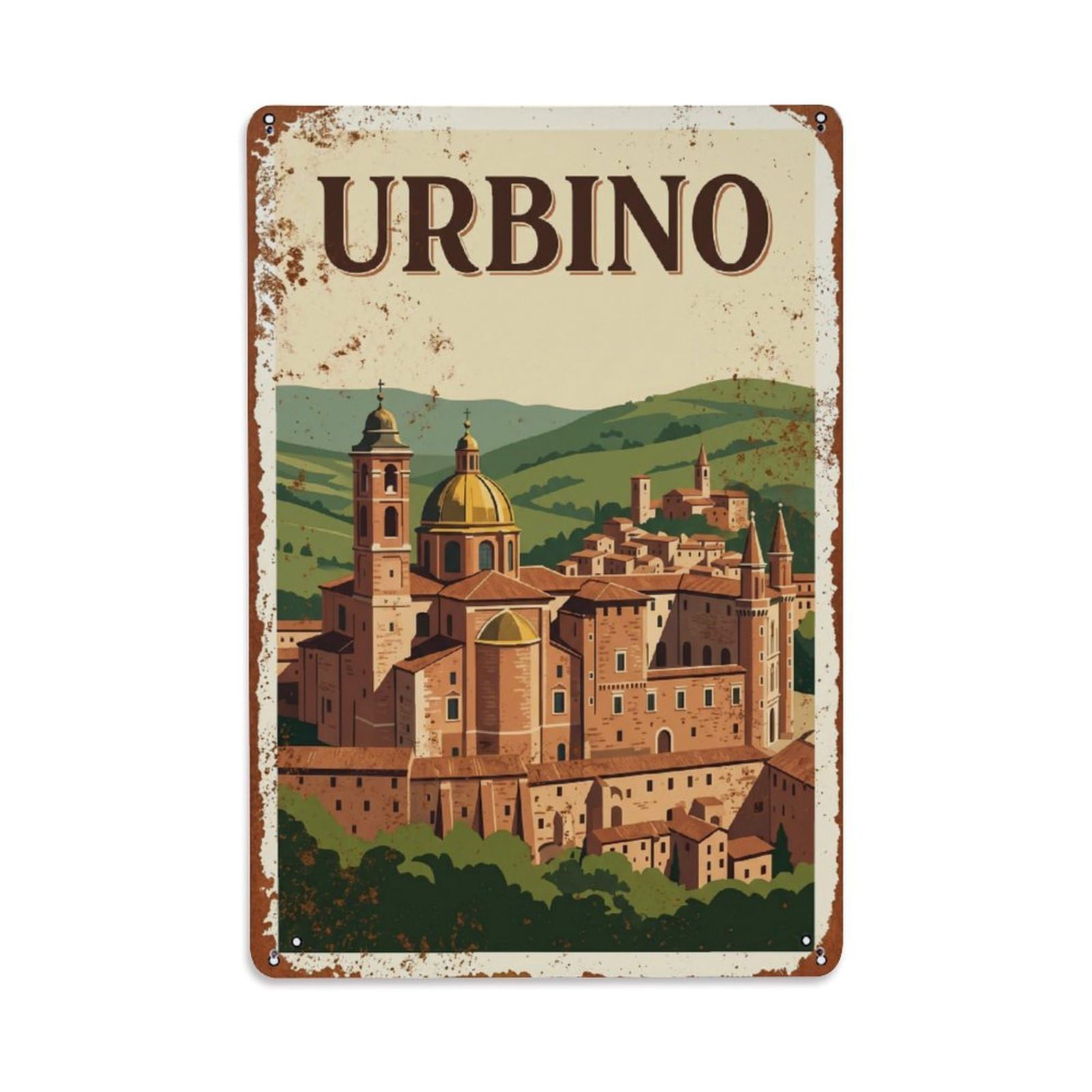 Vintage Travel Urbino Italy Metal Tin Sign Wall Decor for Cafe, Club, Garden Metal Poster 8x12Inch