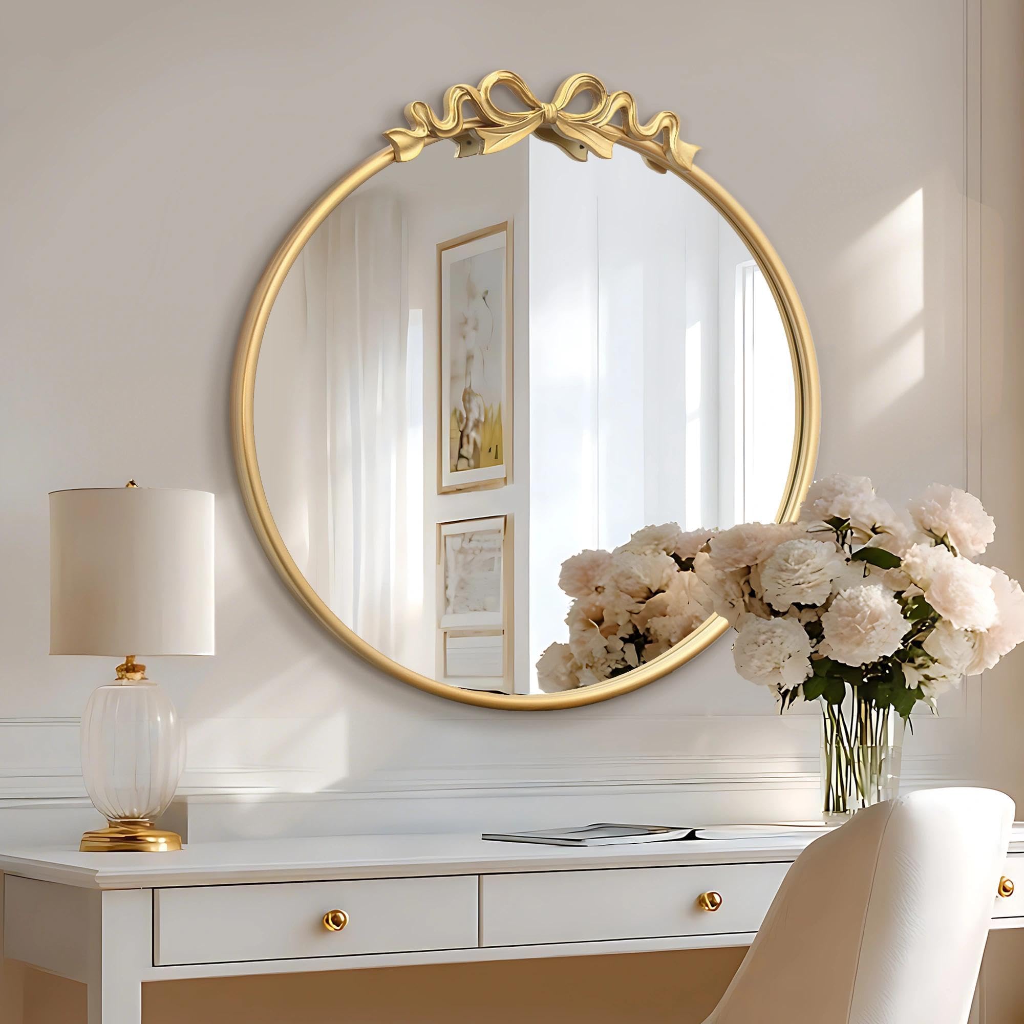 Besdomus Vintage Bow Gold Mirror: 69cm Antique Round Wall Vanity Mirrors