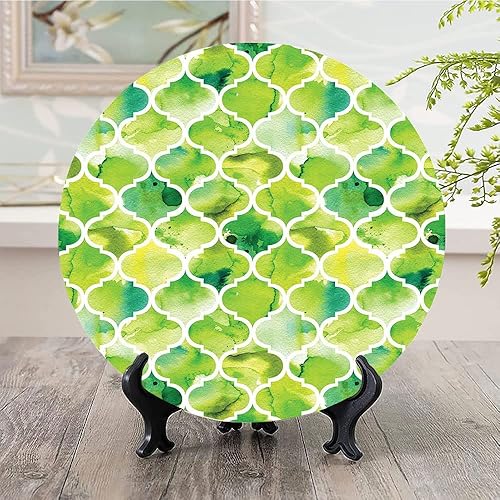 Miniatura 2 de LIGUTARS Platos de cerámica, platos de cerámica decorativos de acuarela, patrón de enrejado marroquí en tonos verdes acuarela, 8 pulgadas, platos
