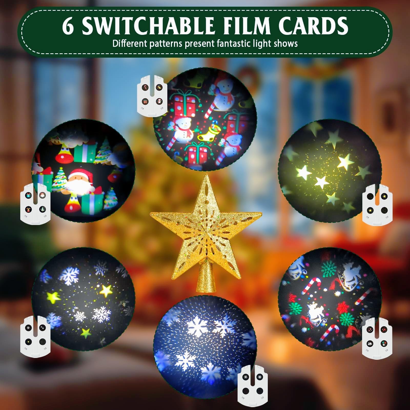 CAUTIOUS Étoile Sapin de Noel, Or Étoile pour Sapin de Noël 6 Modes de Projection avec Projecteur Dynamique LED Rotatif Intégré, pour Decoration Arbre Topper Interieur