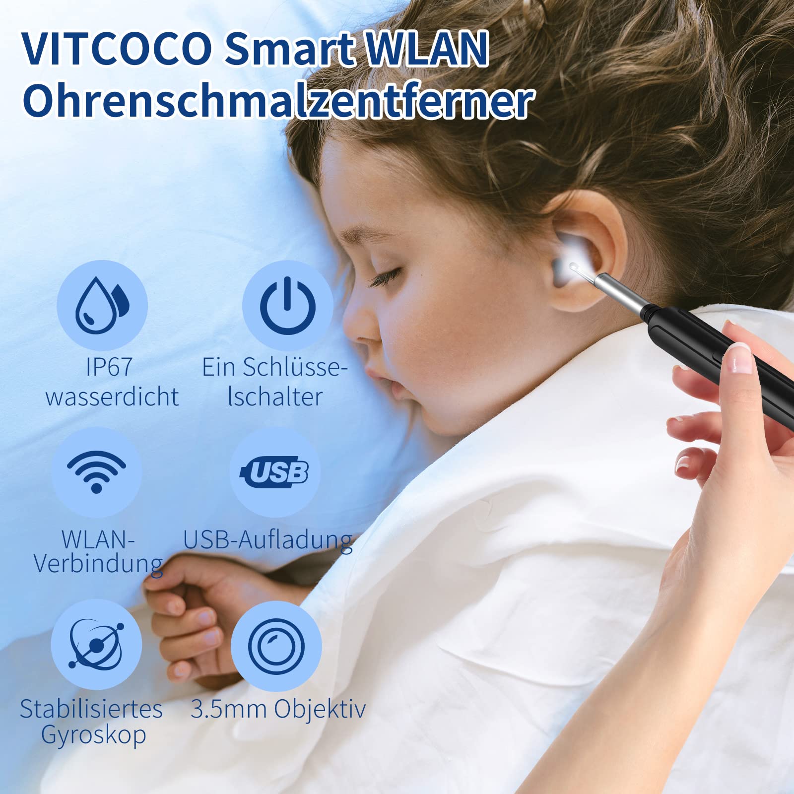 Ohrenschmalz Entferner mit Kamera, VITCOCO 1296P HD Ohrenreiniger mit 6 LED Licht, 3,5mm Ultradünnes Otoskop mit 8 Stück Ersatzlöffel, Ohrenkamera Kompatibel mit iOS & Android Smartphone, Schwarz