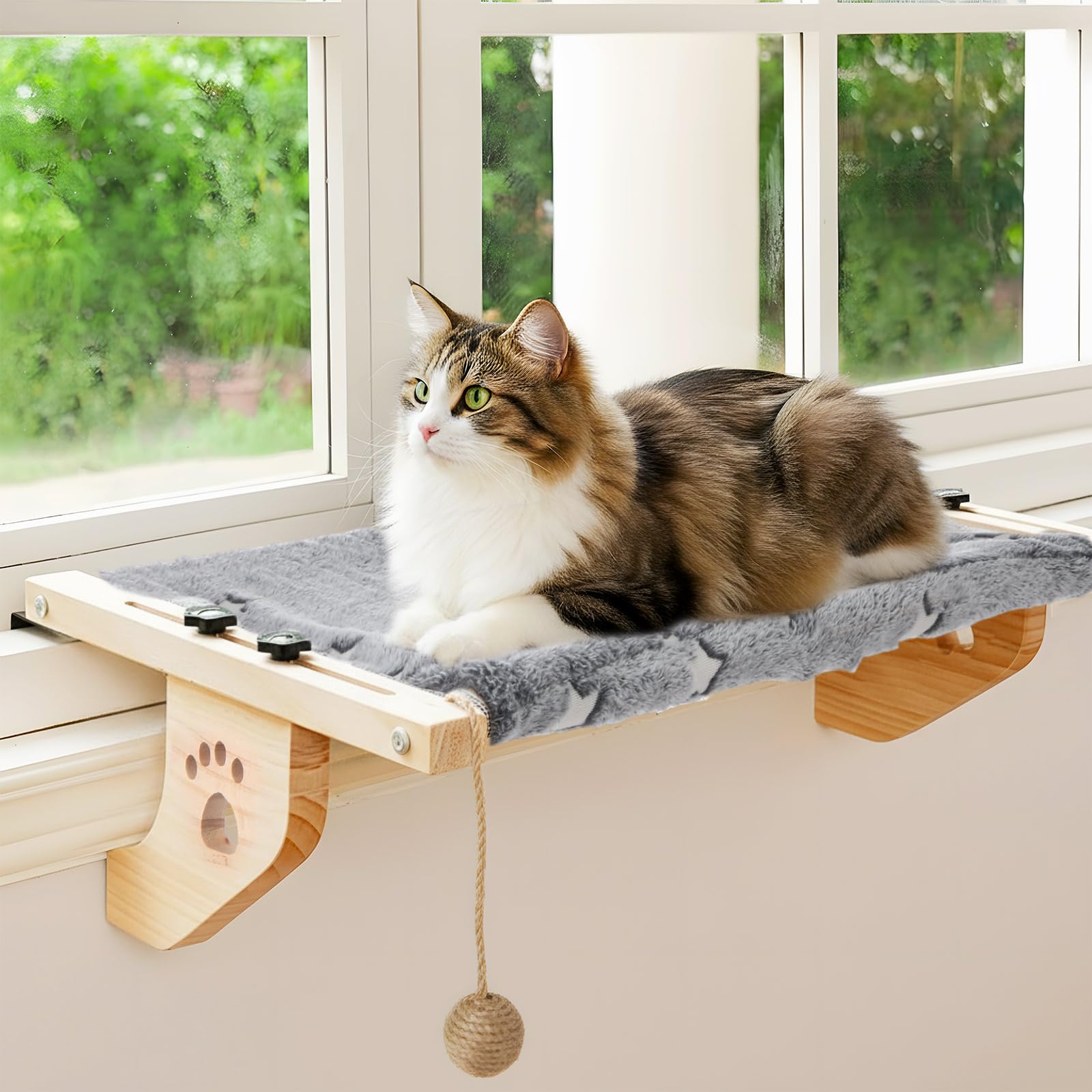 3 Pcs Wooden Cat Window Perch, Glow in The Dark Foldable Cat Hammock Seat with Toy, Soft Flannel Bed Cover, Sturdy Wood Frame for Large Cats, Strong Suction Cups for Resting Indoor Cats
