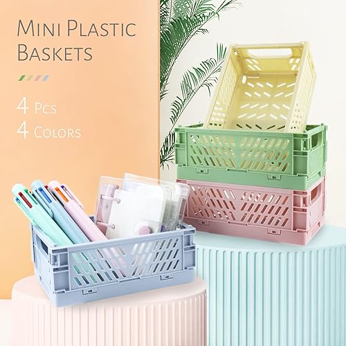 Miniatura 3 de 4 Pack Mini Plastic Baskets for Shelf Storage Organizing, Small Plastic Baskets, Folding Storage Crate for Home Kitchen Classroom Bedroom Bathroom