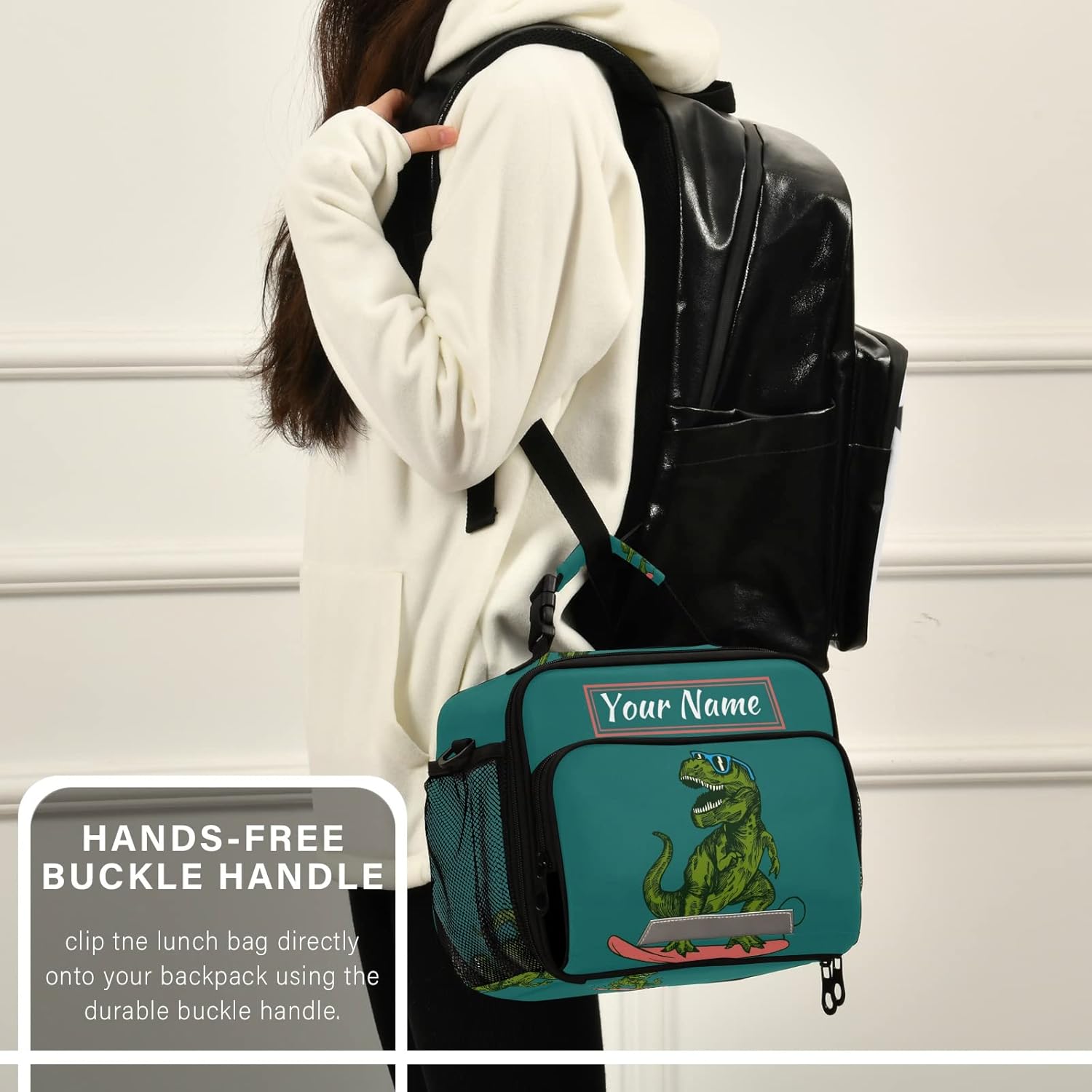Custom Green Skateboard Dinosaur Lunch Bag, Personalized Your Text Name Lunch Box for Boys Girls, Insulated Cooler Bag Lunch Tote Bag with Shoulder Strap for School Office Picnic Travel