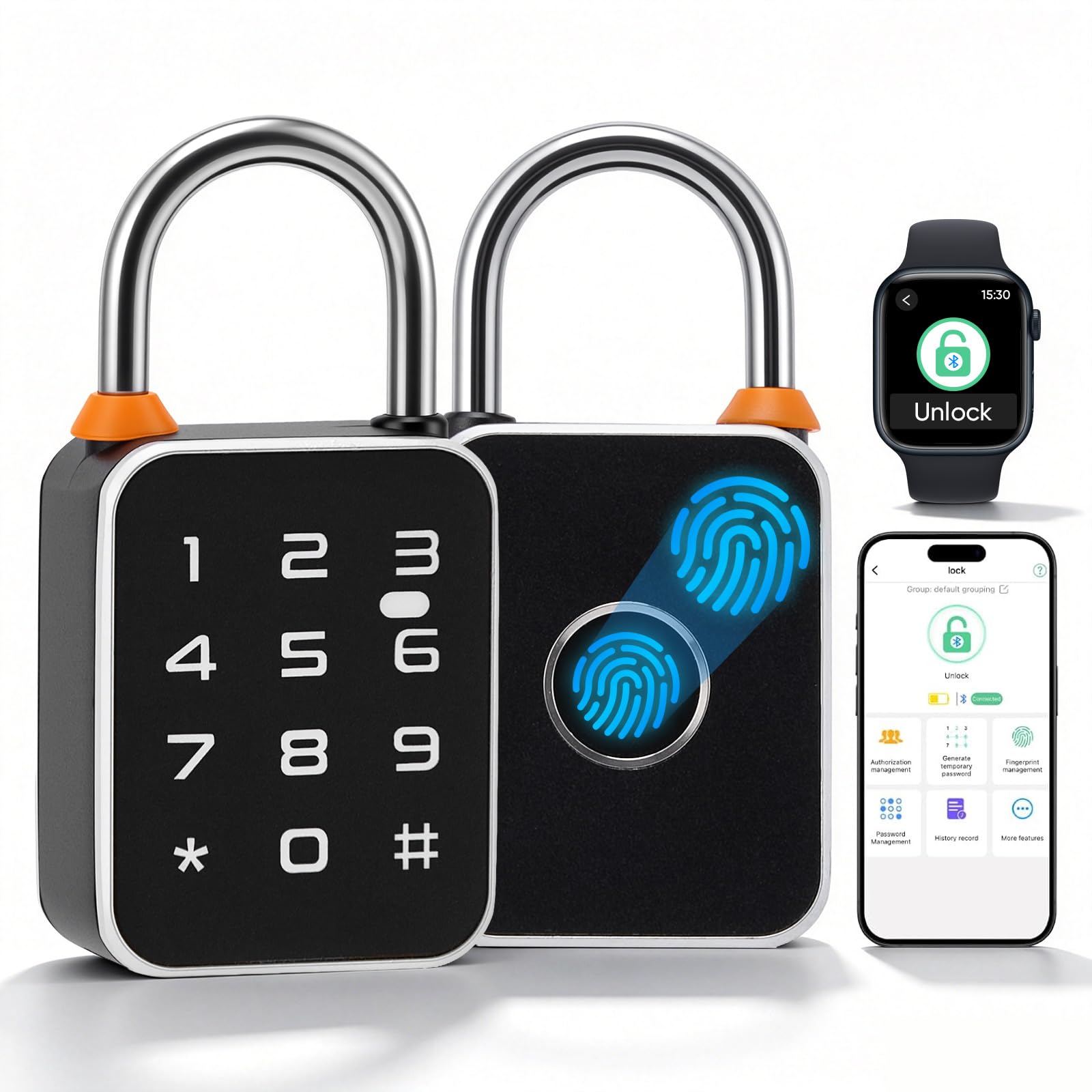 Vorhängeschloss Fingerabdruck mit Tuya App & Passwort, Smart Biometrie Schloss, 0.2s Entsperrung Wetterfest USB-C, Schlüsselloses Zahlenschloss für Spind, Fitnessstudio, Gartentor, Keller, Schwarz
