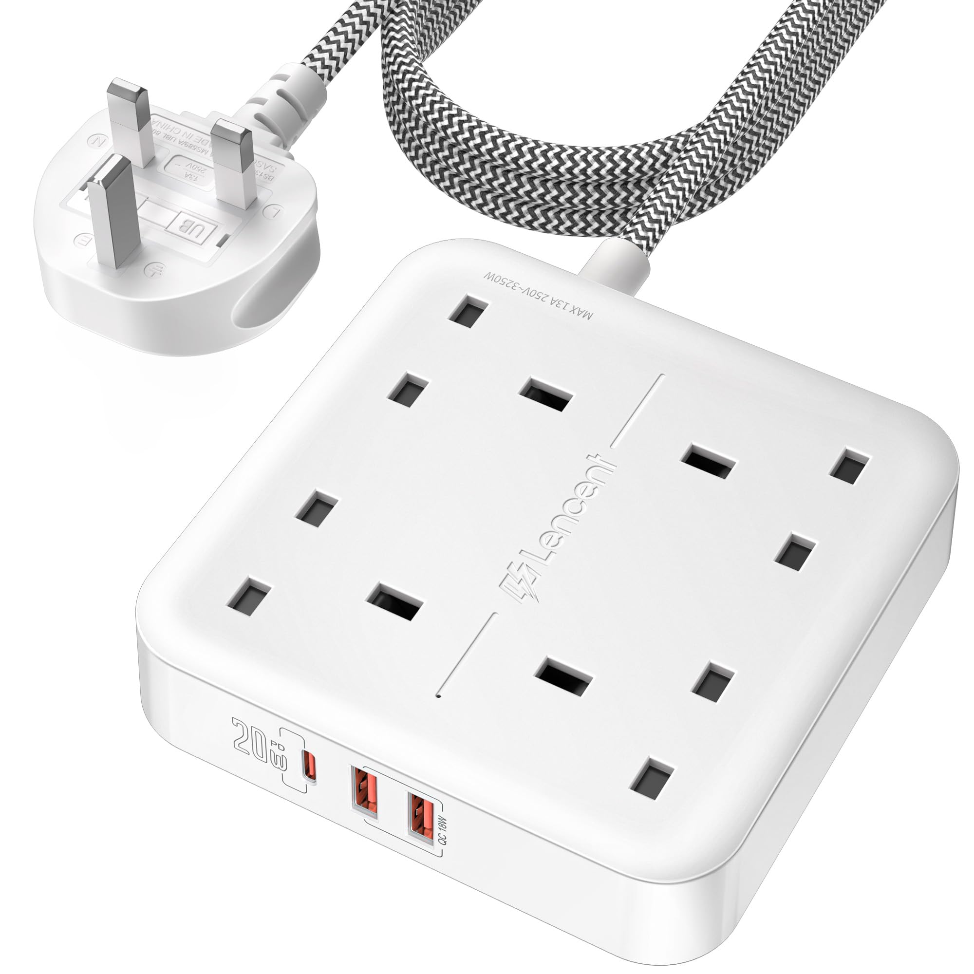 LENCENT Extension Lead with 4 Way Outlets, 3250W 13A Power Strip