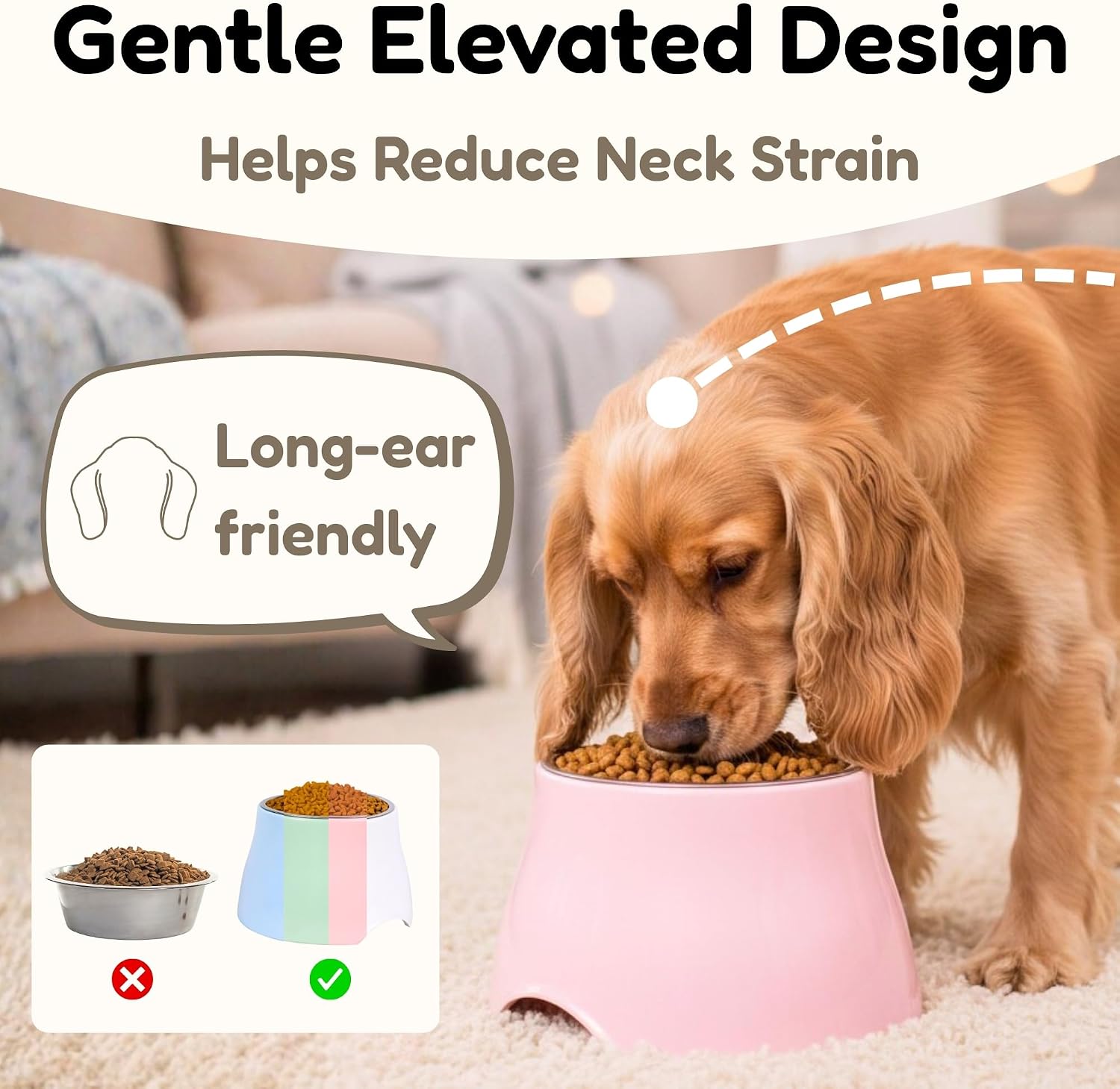 2 Pack Elevated Spaniel Dog Bowl, Melamine Raised Dog Food Bowl for Long-Eared Dogs, Raised Dog Bowls for Small & Medium Dogs, Stainless Steel Inner Bowl, Non-Slip Base (White*2, 420 mL/1.5 Cups)