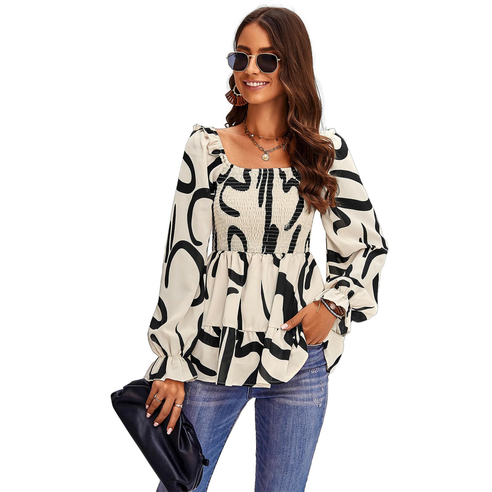 Camisa de Manga Larga con Cuello Cuadrado para Mujer, Estilo Casual, con Estampado de Temperamento de Primavera y Verano, Color Rojo Rosa, Talla S