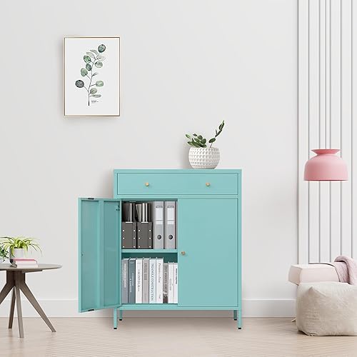 Miniatura 6 de CMY Aparador de buffet, gabinete de almacenamiento de metal con cajón y puertas, gabinete de oficina en casa con estante ajustable y niveladores de