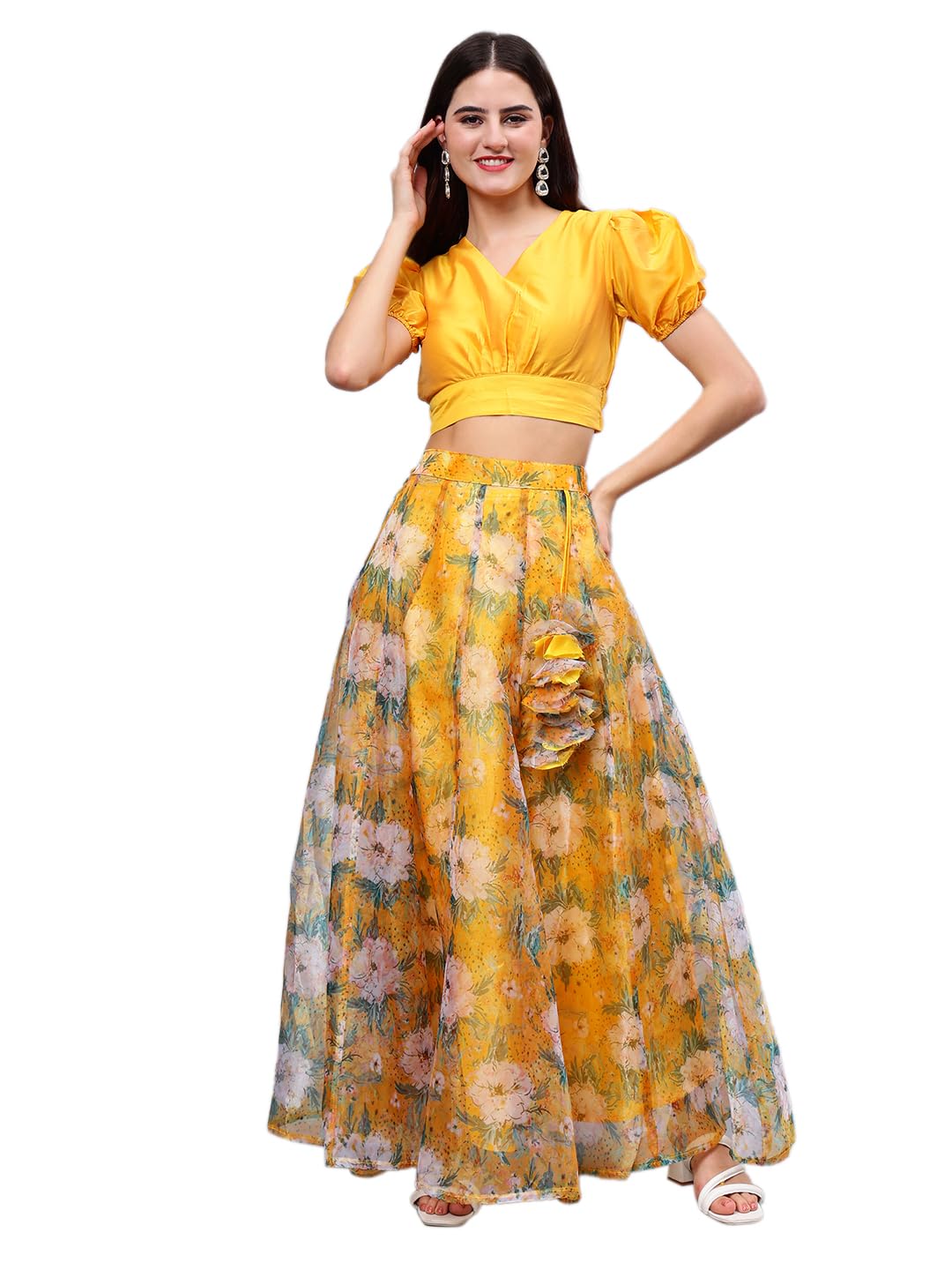 Frolic Rolic Women V-Neck Puff Sleeve Solid Crop Top and Floral Print With Elastic Waistband Stylish Flared Skirt Set-image-22