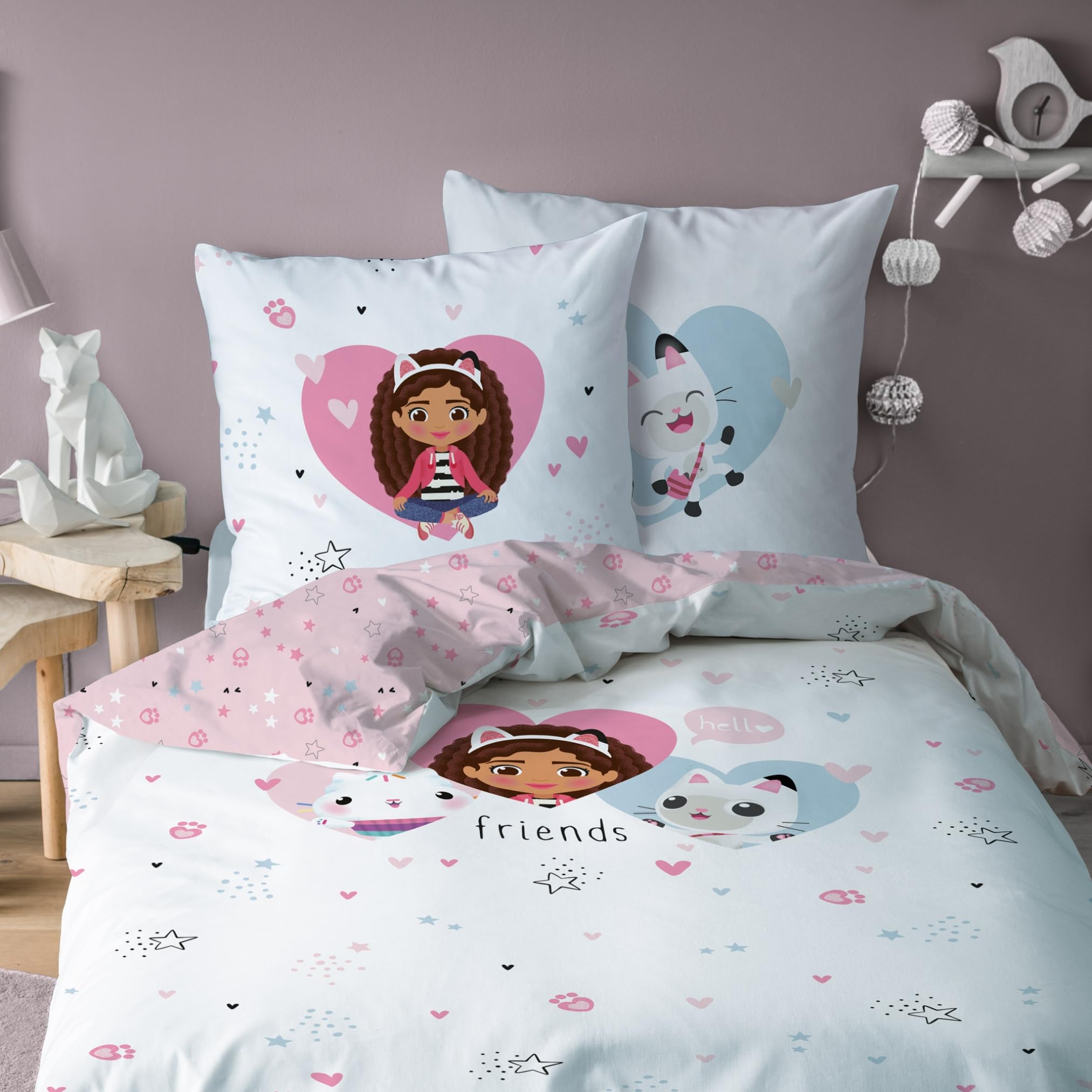 MTOnlinehandel Gabby Bettwäsche Bettbezug 135x200 80x80 Baumwolle · Kinderbettwäsche Mädchenbettwäsche Gabby's Dollhouse Katze, Herzen · 2 teilig