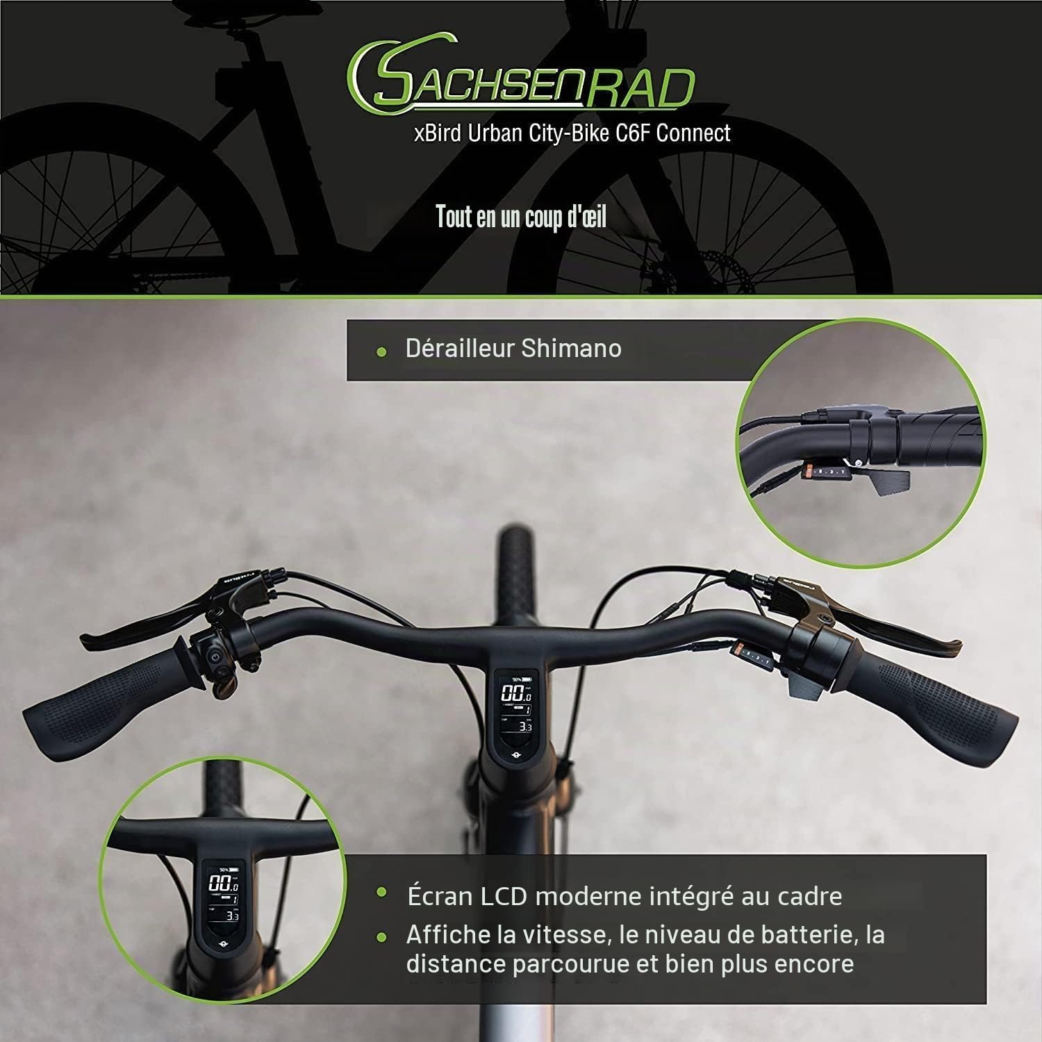 xBird Vélo de ville urbain C6F Connect avec application antivol | Vélo électrique au design moderne avec écran LCD intégré et éclairage LED homologué StVZO pour 150-180CM