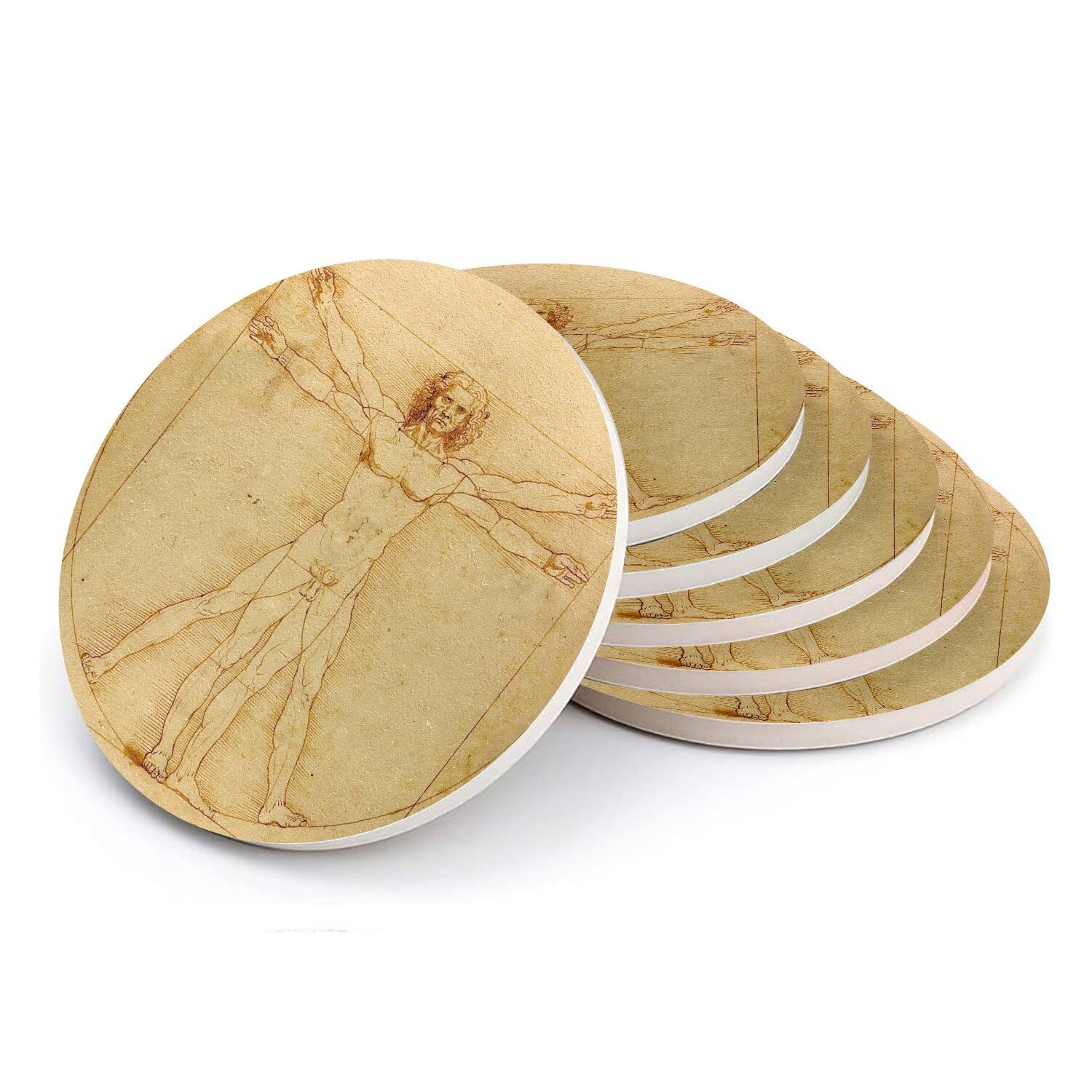Sous verre ronds en céramique Léonard de Vinci - Lot de 6 dessous de verre d'art de 10,8 cm