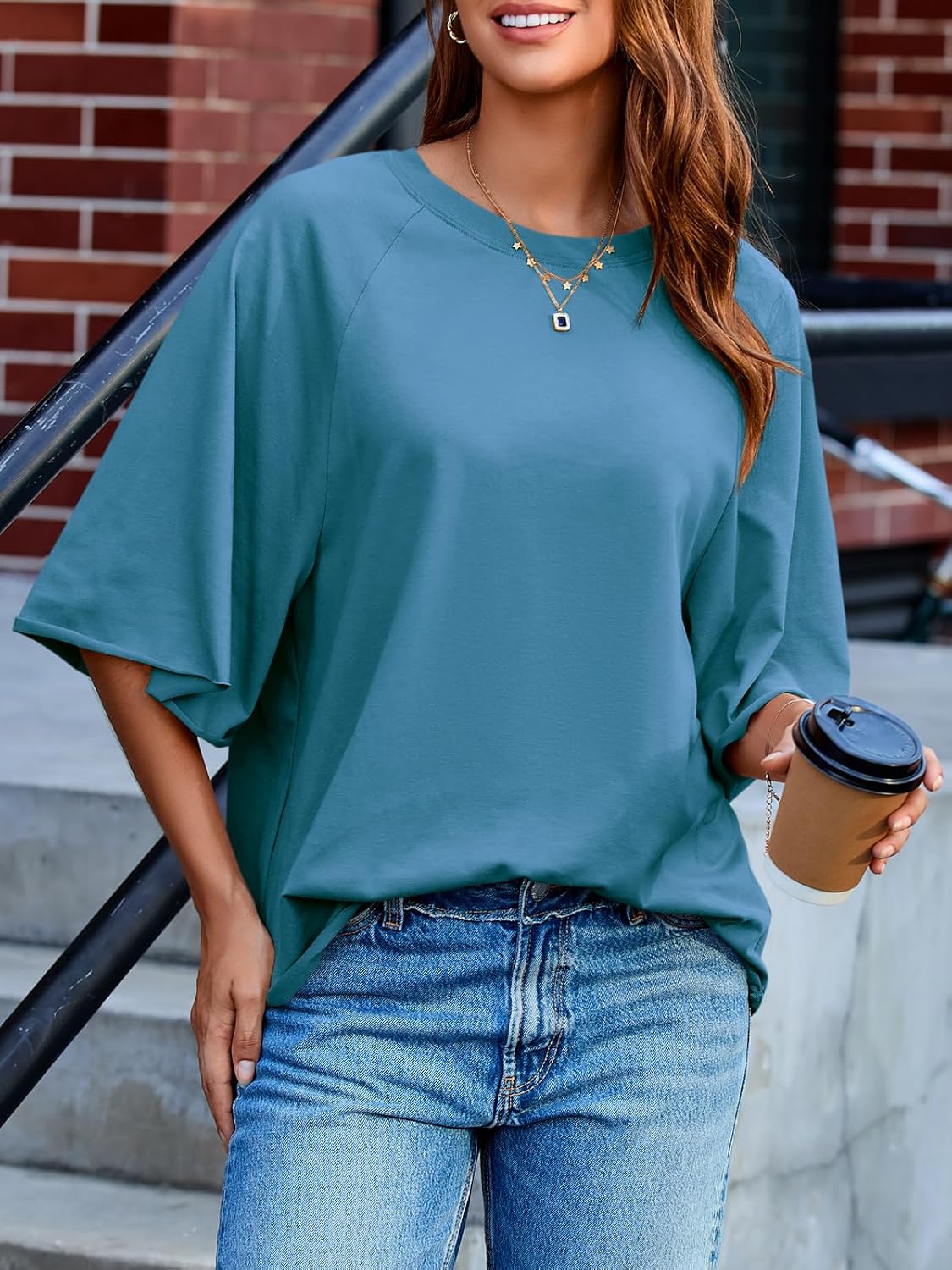 Tankaneo Womens Oversized Half Sleeve T-Shirts Trendy Casual Loose Fit Tops Summer Crew Neck Baggy Shirts - Image 3