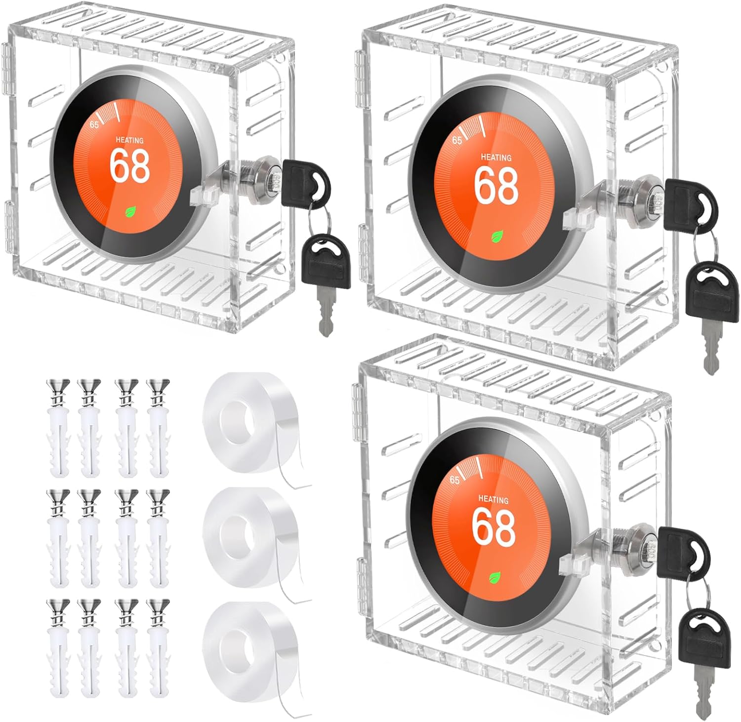 3 Pack Thermostat Lock Box Square 5 inch Thermostat Cover Box with Key Clear Small Acrylic Lockbox for Thermostat on Wall (3pc, 5x5x2)