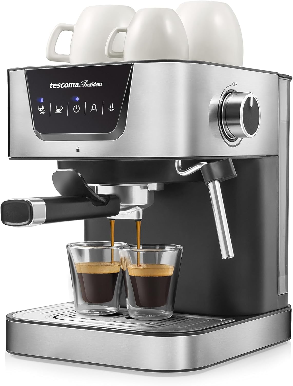 Tescoma 909010 19 bar manual espresso machine, with steam lance, double outlet arm, floor heaters, President line