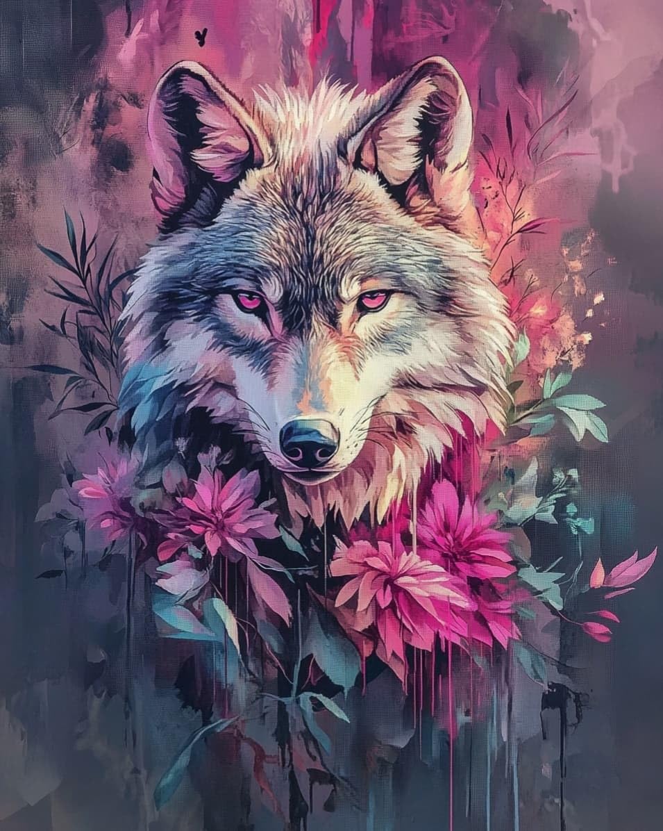 WallustrioaW Stamped Cross Stitch Kits for Adults,Wolves and Flowers,11CT Cross-Stitch for Home Wall Decor DIY Embroidery Kit Needlework Crafts,40x50cm