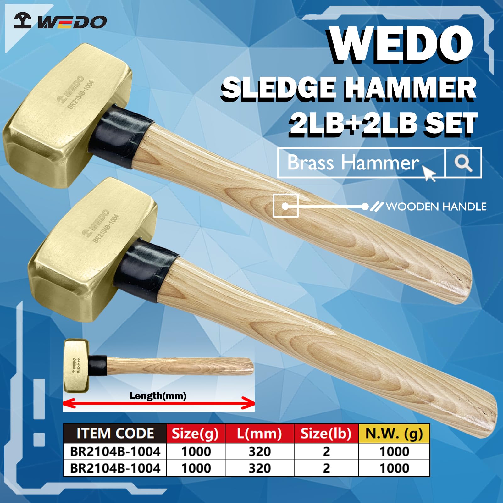WEDO Martello a slitta, 2 pezzi, 2 libbre + 2 libbre, 1000 g + 1000 g testa in ottone, manico in legno per assorbimento degli urti, set di martelli in ottone, tipo tedesco, forgiato una tantum,