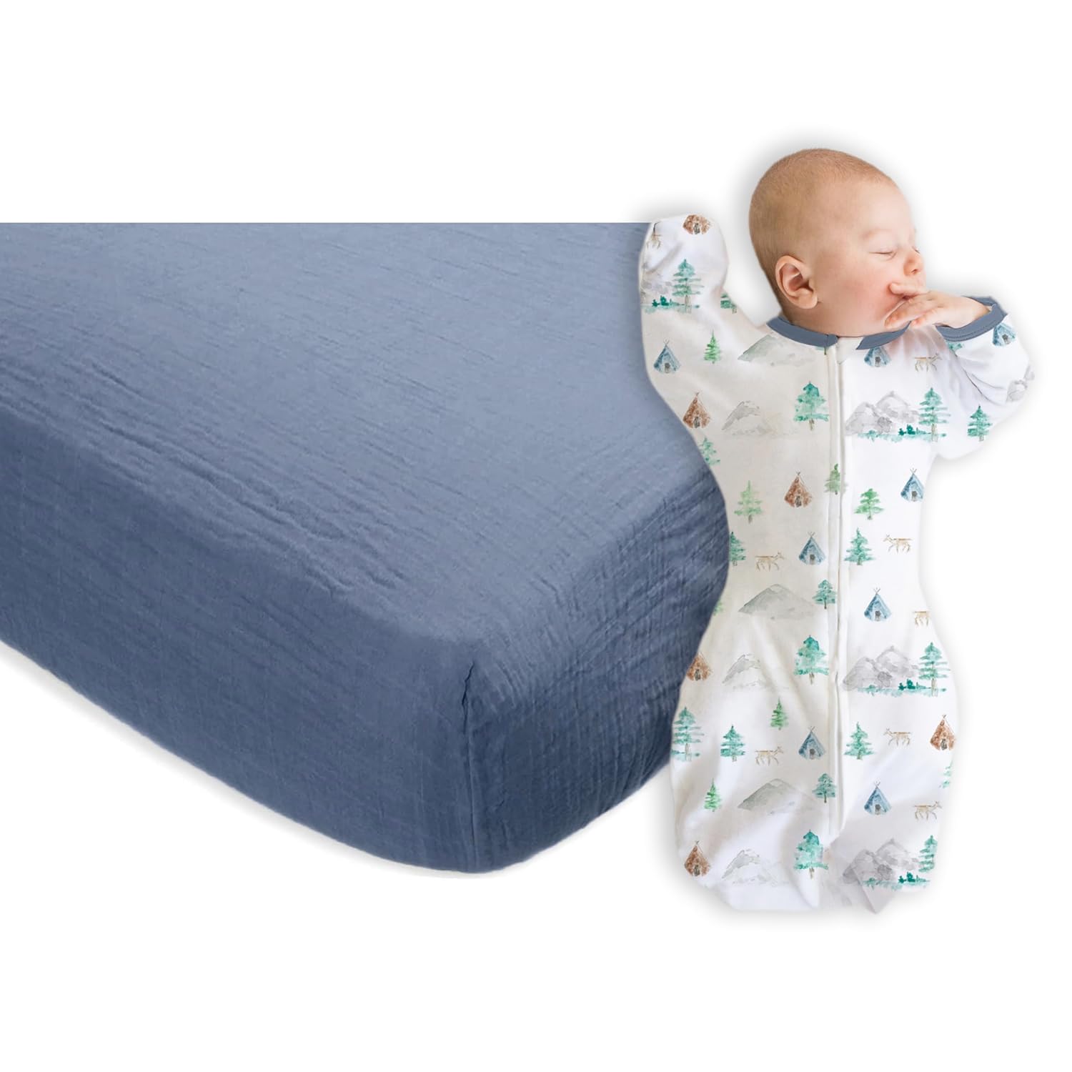 SwaddleDesigns 0-3 Mo Baby Sleep Set, Watercolor Mountains & Trees and Denim, Transitional Swaddle Sack with Arms Up Half-Length Sleeves & Mitten Cuffs and Softest Cotton Muslin Crib Sheet