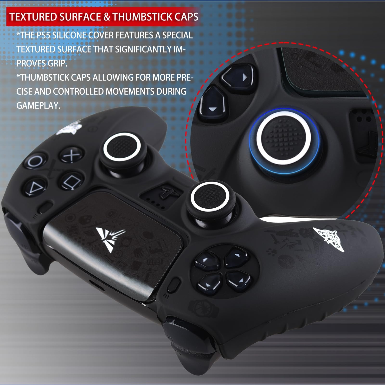 Non-Slip Silicone Cover for PS5 Controller with Thumbstick Caps * 2 & Sticker * 1 WLF
