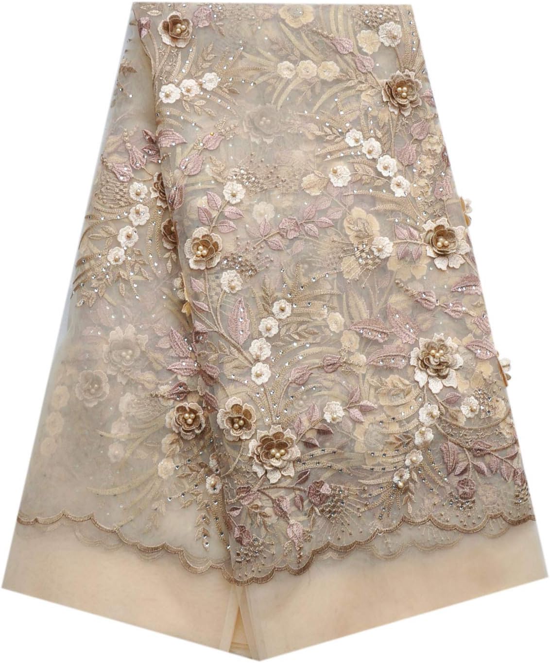 Applique African Lace Fabric 3D Lace Material Net Lace Fabric French Tulle Lace for Wedding Dress (Beige) 5 Yards