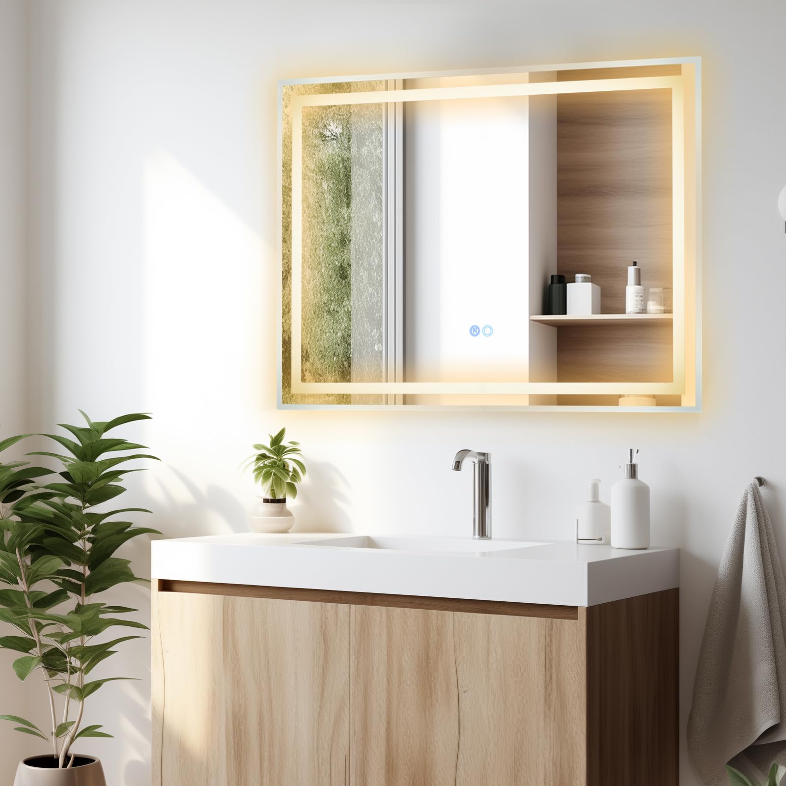 COSTWAY Lustro łazienkowe LED z oświetleniem, 80 x 60 cm lustro łazienkowe antyparowe, lustro ścienne z możliwością ściemniania z przełącznikiem dotykowym i funkcją pamięci, lustro LED lustro wiszące