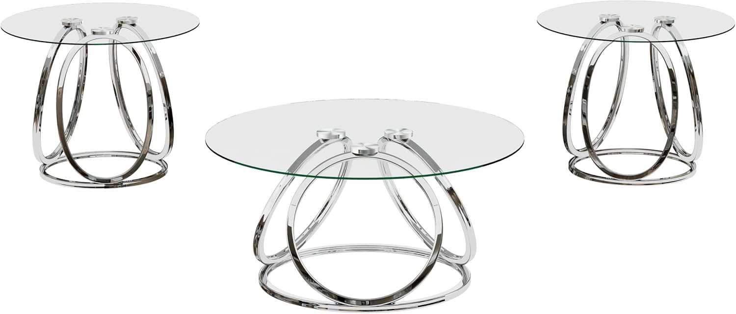 O&K FURNITURE Silver Coffee Table Set of 3, 1 Chrome Coffee Table and 2 Chrome End Tables for Living Room Office, Modern Round Glass Coffee Table and End Tables Made of Tempered Glass and Metal Frames