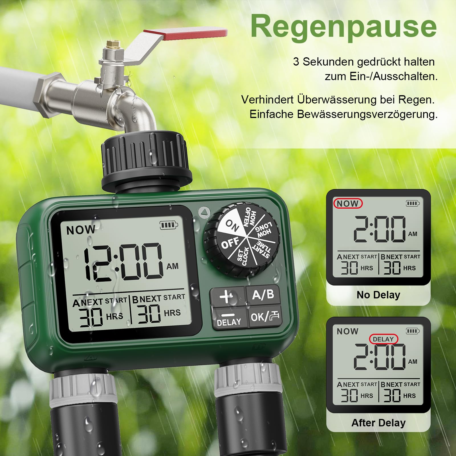Bewässerungscomputer 2 Ausgänge, Großes LCD-Display Bewässerungsuhr, Automatische Bewässerung Zeitschaltuhr mit Regenverzögertem Manuellem Wasserhahn-Zeitschaltuhr für Garten Rasen