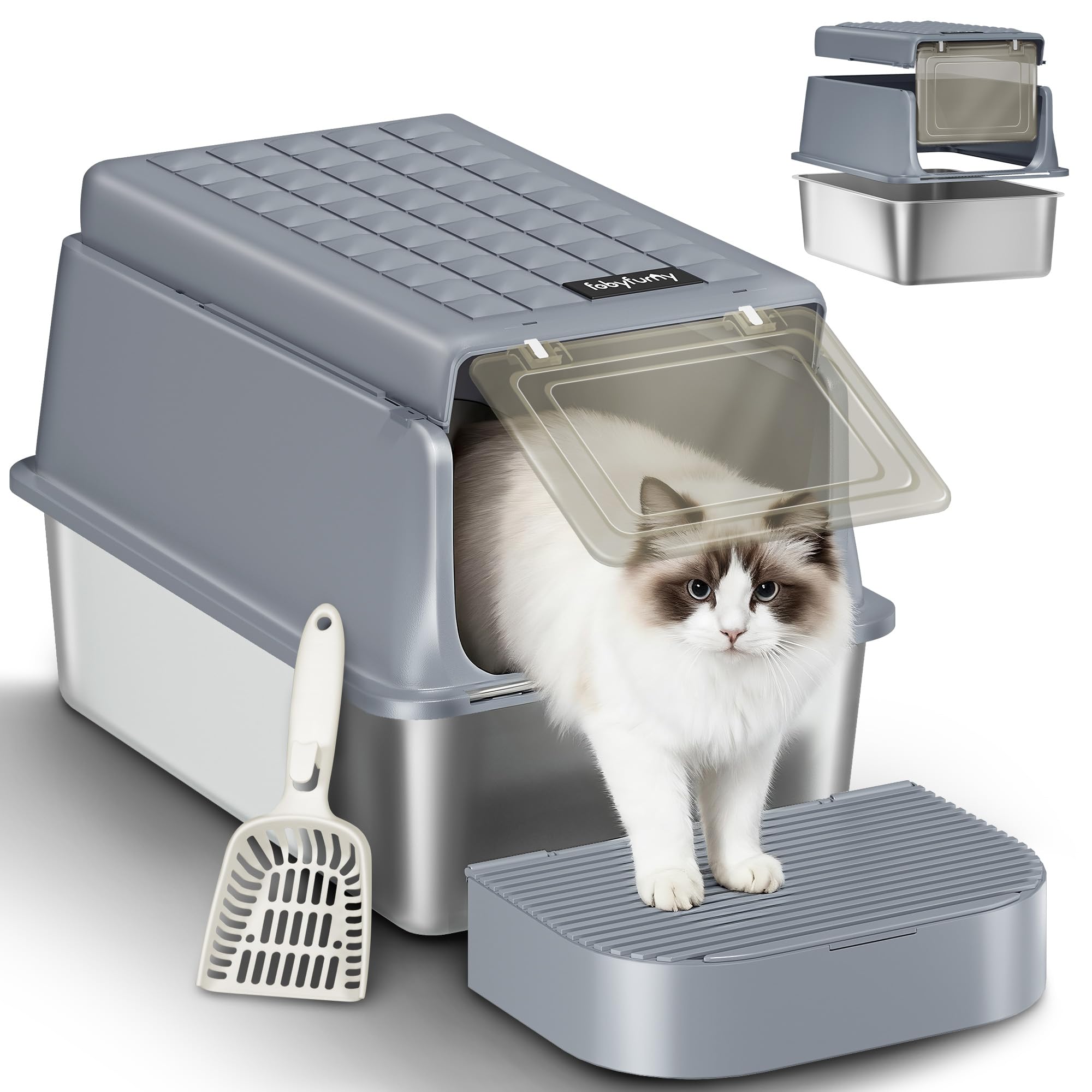 Fobyfurny Edelstahl-Katzenklo mit Deckel, XXL Geschlossene Metall-Katzenklo, Katzentoiletten mit Schaufel und Fußstufe, Herausnehmbar, 120° Klappdeckel, Leicht zu Reinigen, Dunkelgrau, FPLB001SG2