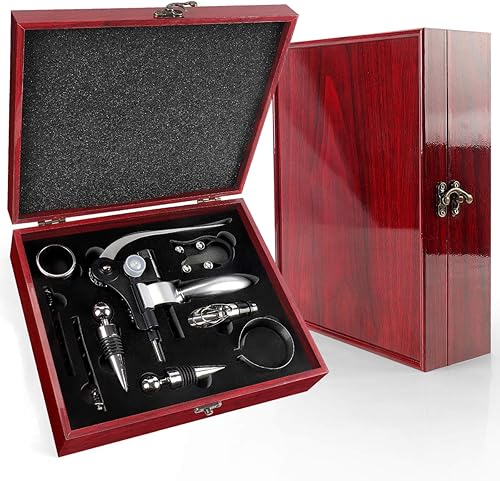 Miniatura 2 de Juego de sacacorchos para abrebotellas de vino, juego de 9 accesorios de vino en caja de madera brillante, kit de abridor de vino con tapón de vino,
