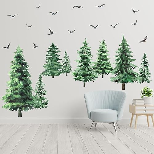 Miniatura 7 de Qilery Calcomanías de pared de pino en acuarela para pared de árbol grande, calcomanías de pared de bosque, ramas de bosque, pájaros y ramas de