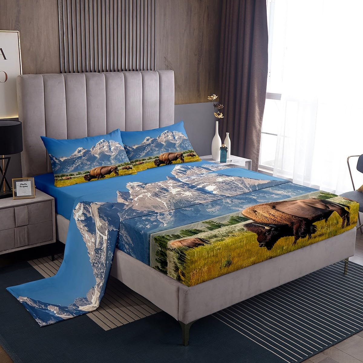 Feelyou Cute Buffalo Bed Sheets Set Full Size Wild American Bison Sheet Set 3D Wild Animal Prairie Ranch North American Mountain Sheets with Deep Pocket Fitted Sheet for Room Decor Blue Bedding Set